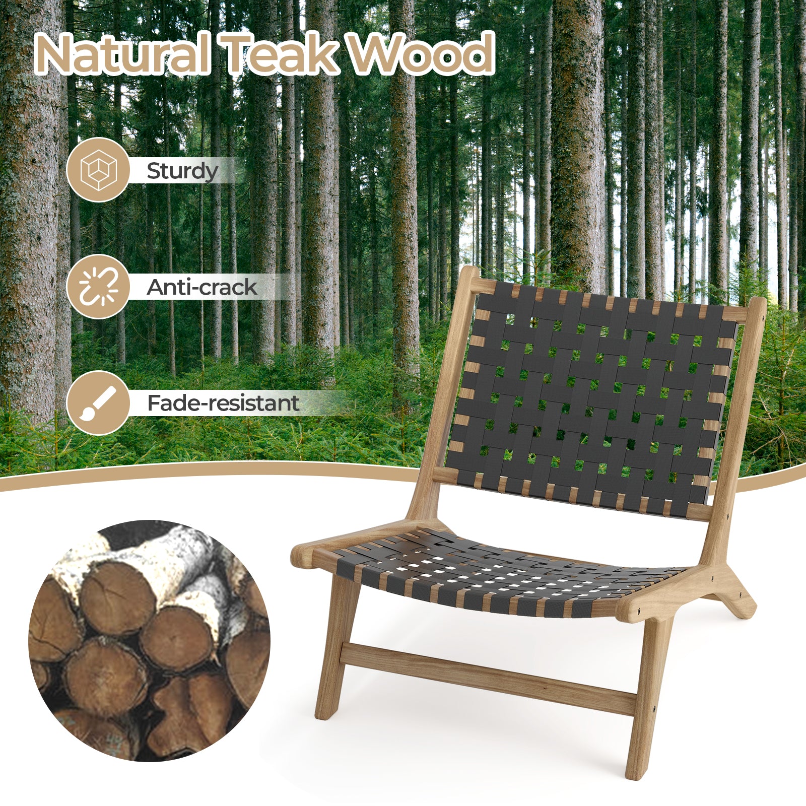 Modern Armless Teak Wood Lounge Chair with Nylon Woven Backrest and Seat-Black