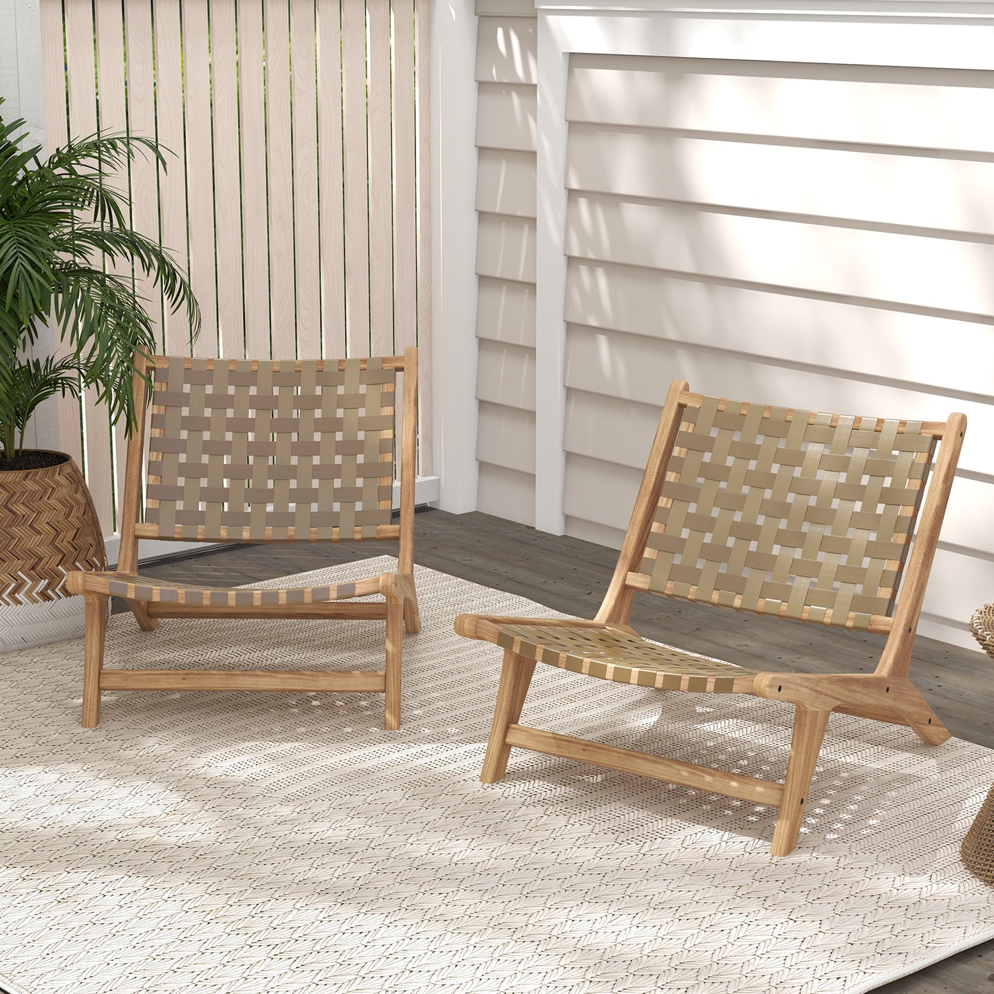 Modern Armless Teak Wood Lounge Chair with Nylon Woven Backrest and Seat-Brown