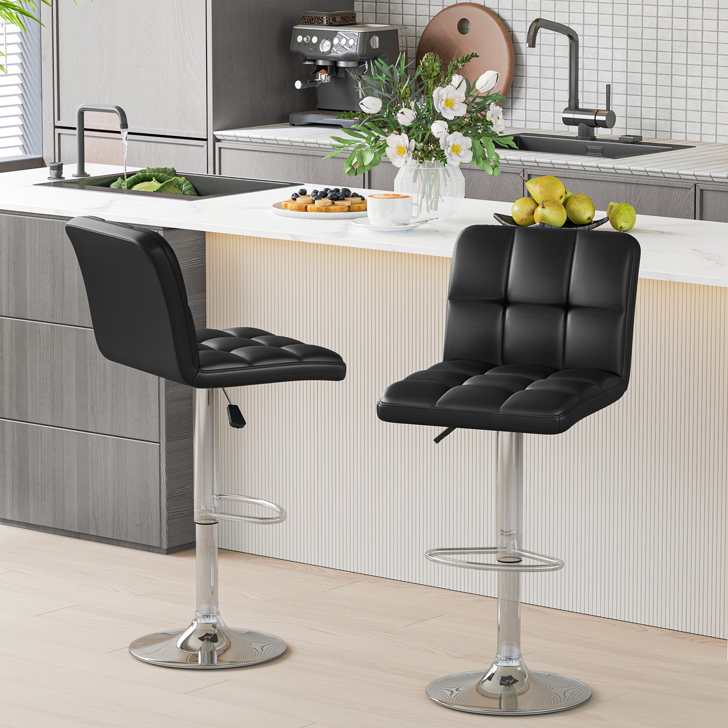 Modern Bat Stools Set of 2 with Back and Heavy-duty Metal Base and Footrest-Black