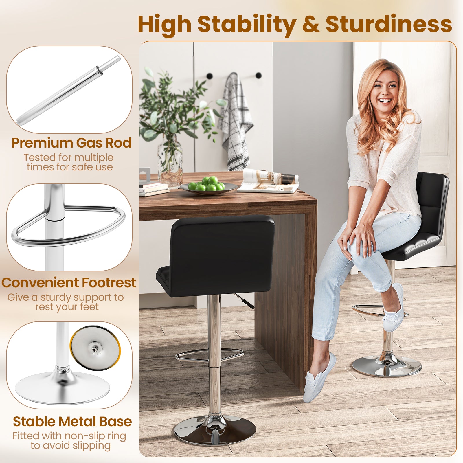 Modern Bat Stools Set of 2 with Back and Heavy-duty Metal Base and Footrest-Black