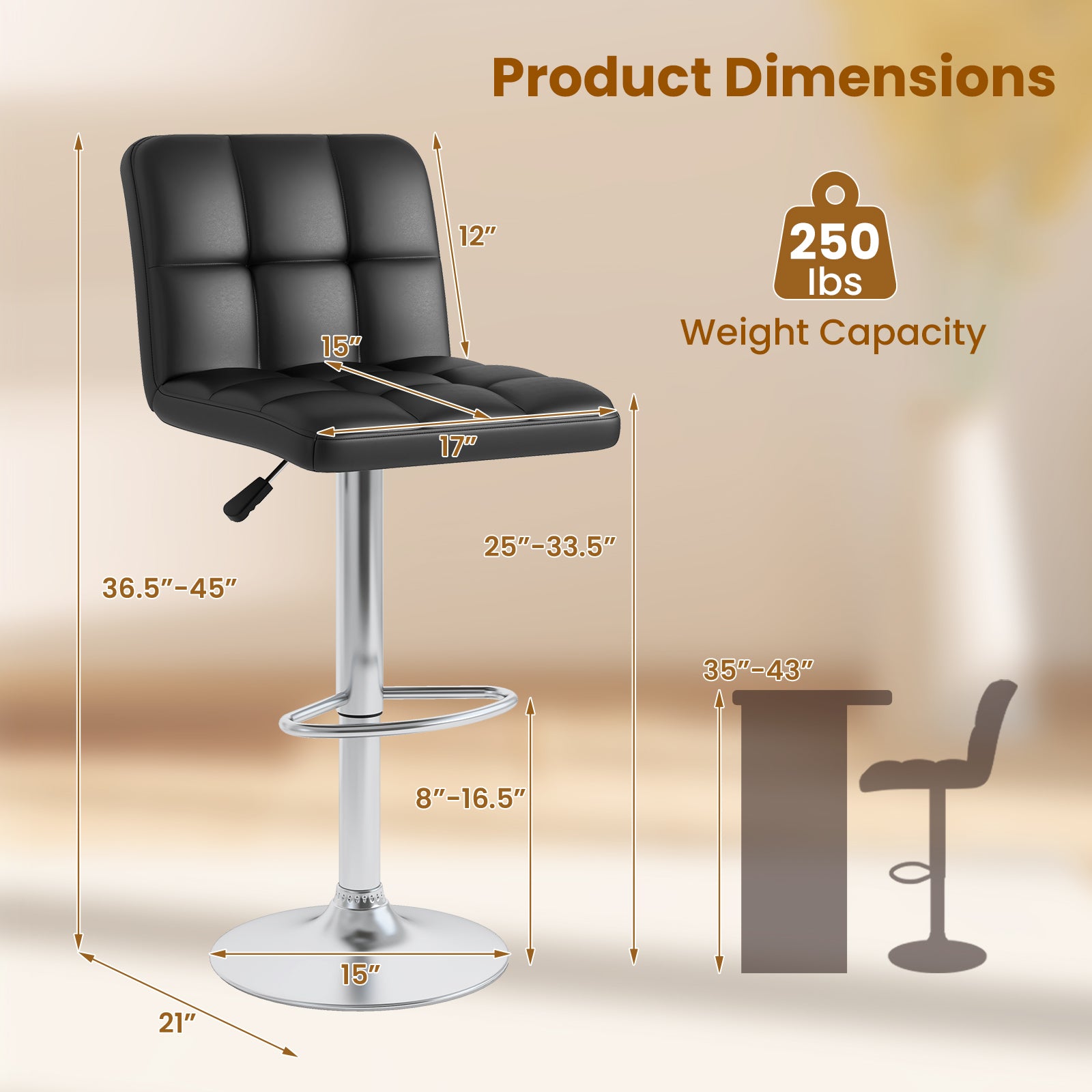Modern Bat Stools Set of 2 with Back and Heavy-duty Metal Base and Footrest-Black