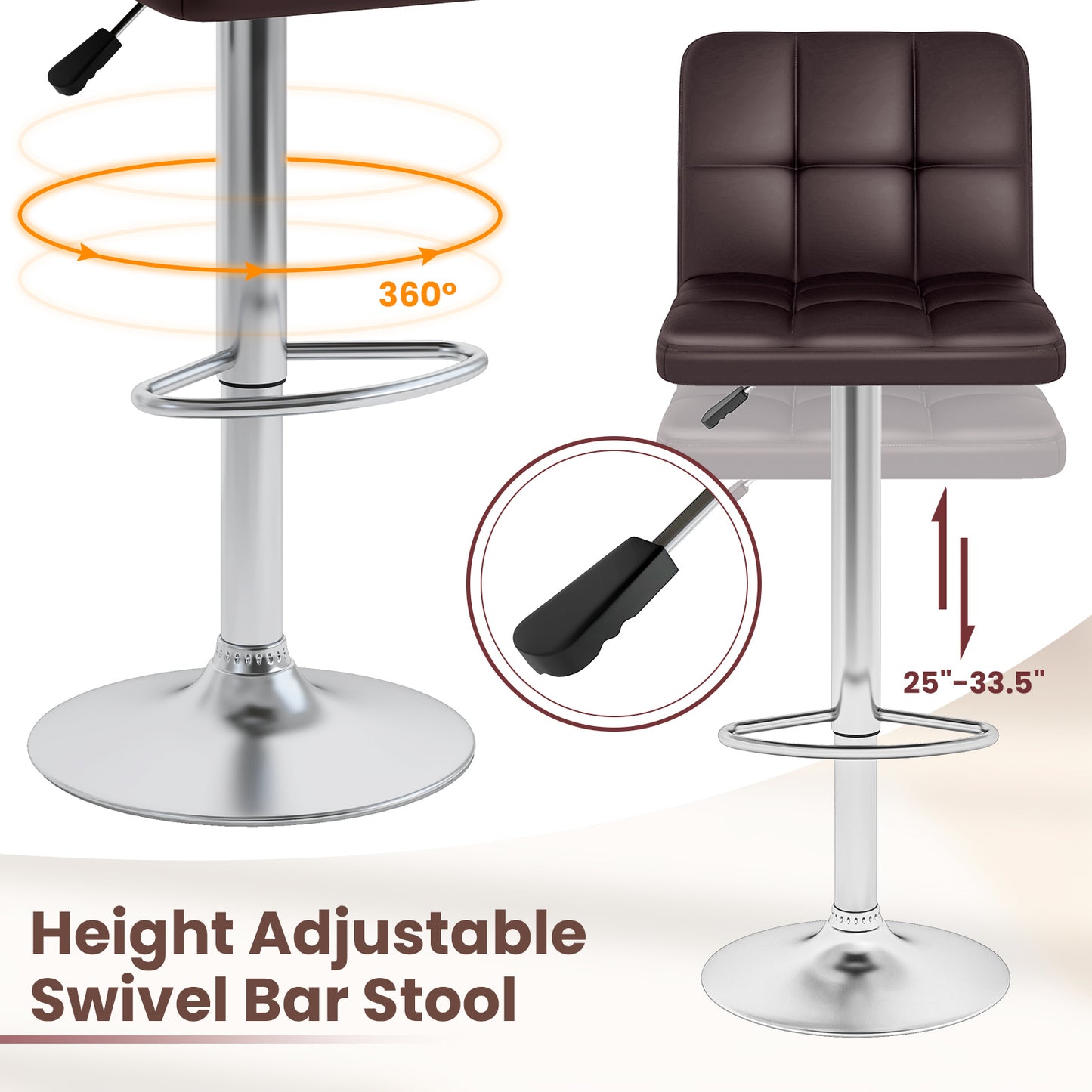 Modern Bat Stools Set of 2 with Back and Heavy-duty Metal Base and Footrest-Brown