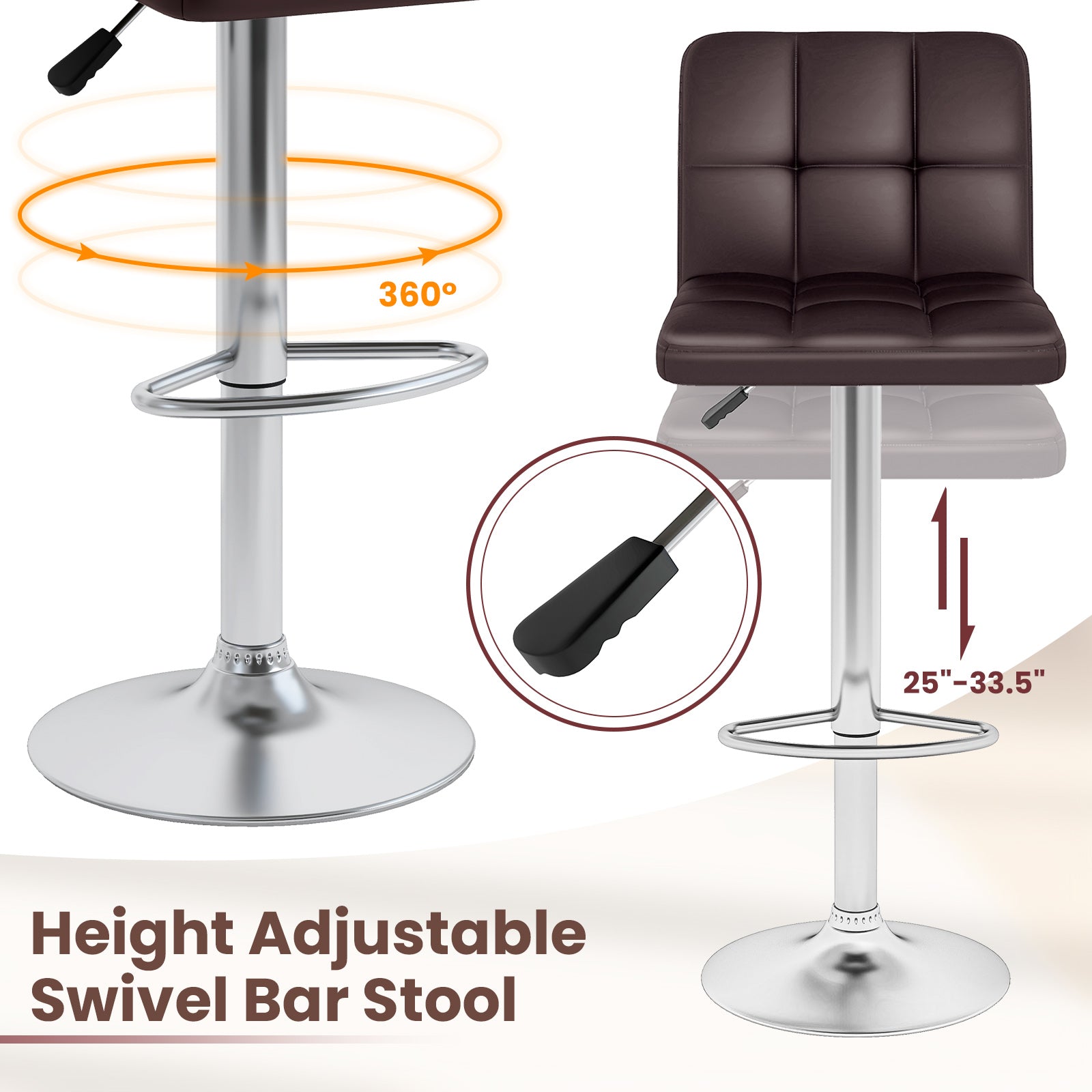 Modern Bat Stools Set of 2 with Back and Heavy-duty Metal Base and Footrest-Brown