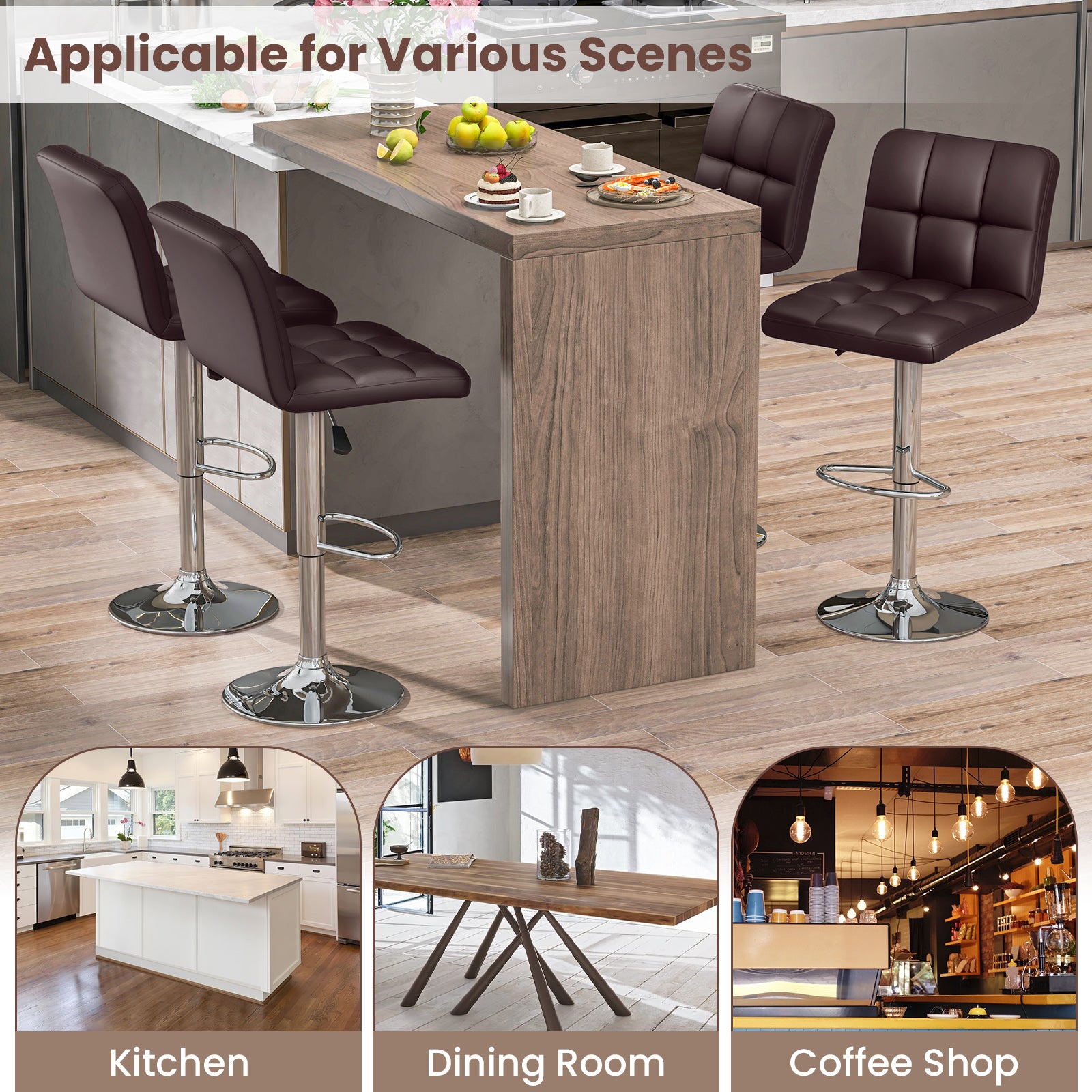 Modern Bat Stools Set of 2 with Back and Heavy-duty Metal Base and Footrest-Brown