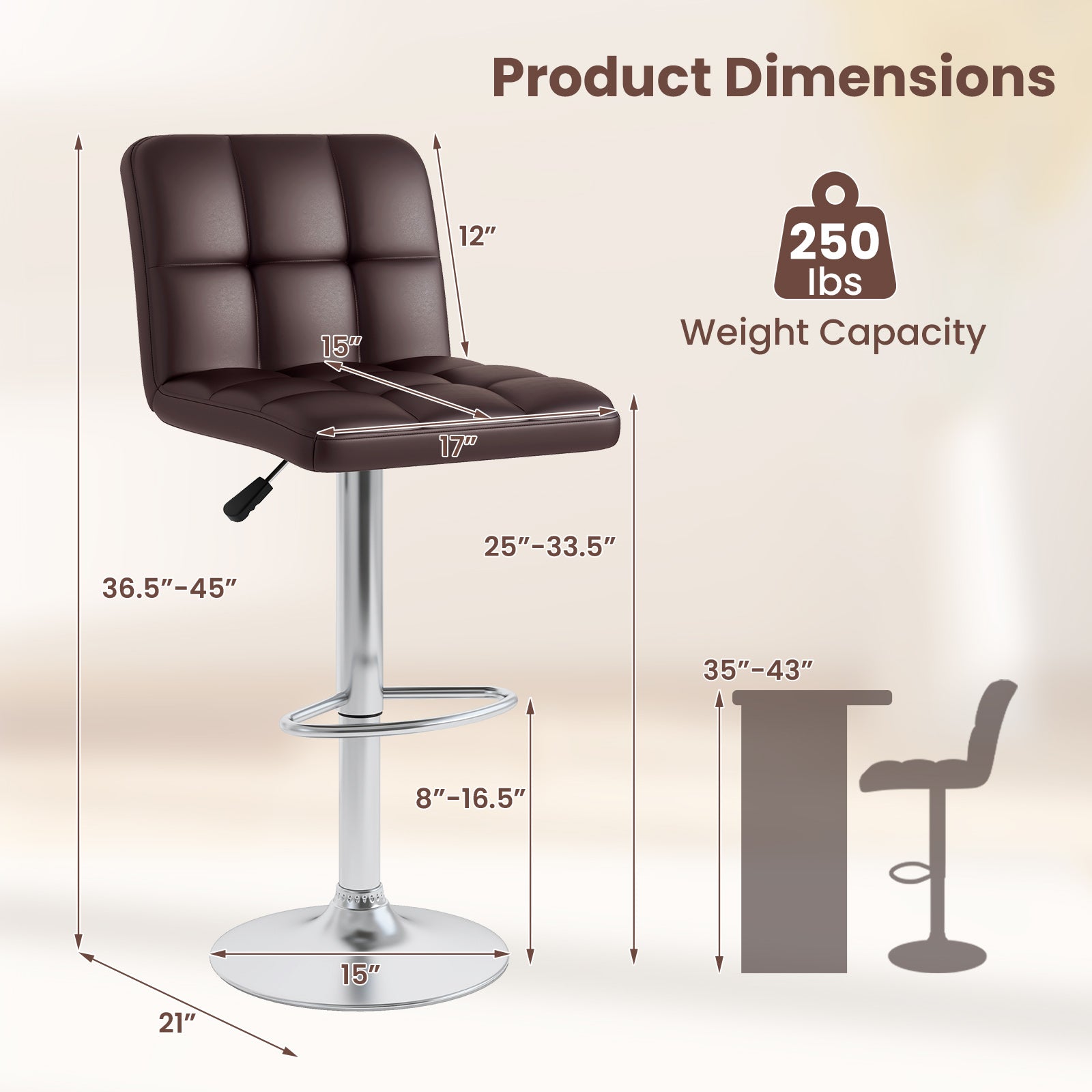 Modern Bat Stools Set of 2 with Back and Heavy-duty Metal Base and Footrest-Brown