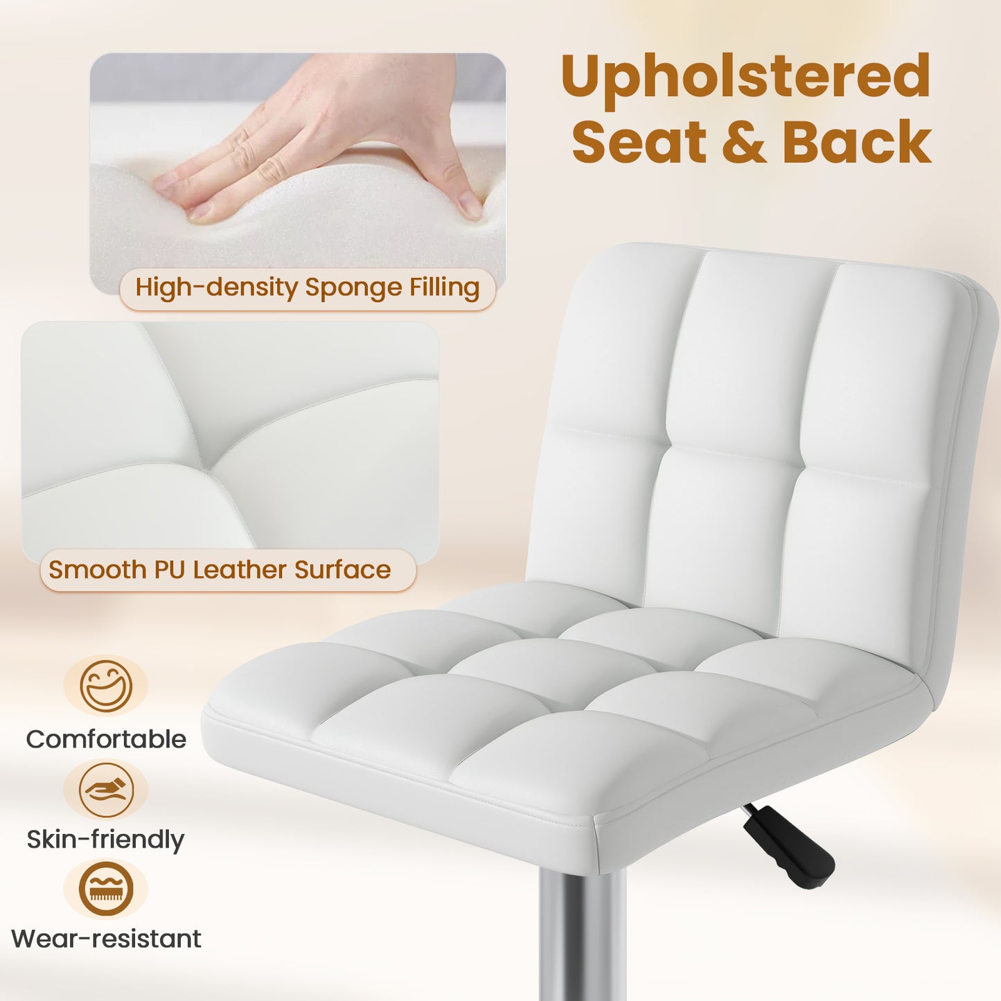 Modern Bat Stools Set of 2 with Back and Heavy-duty Metal Base and Footrest-White