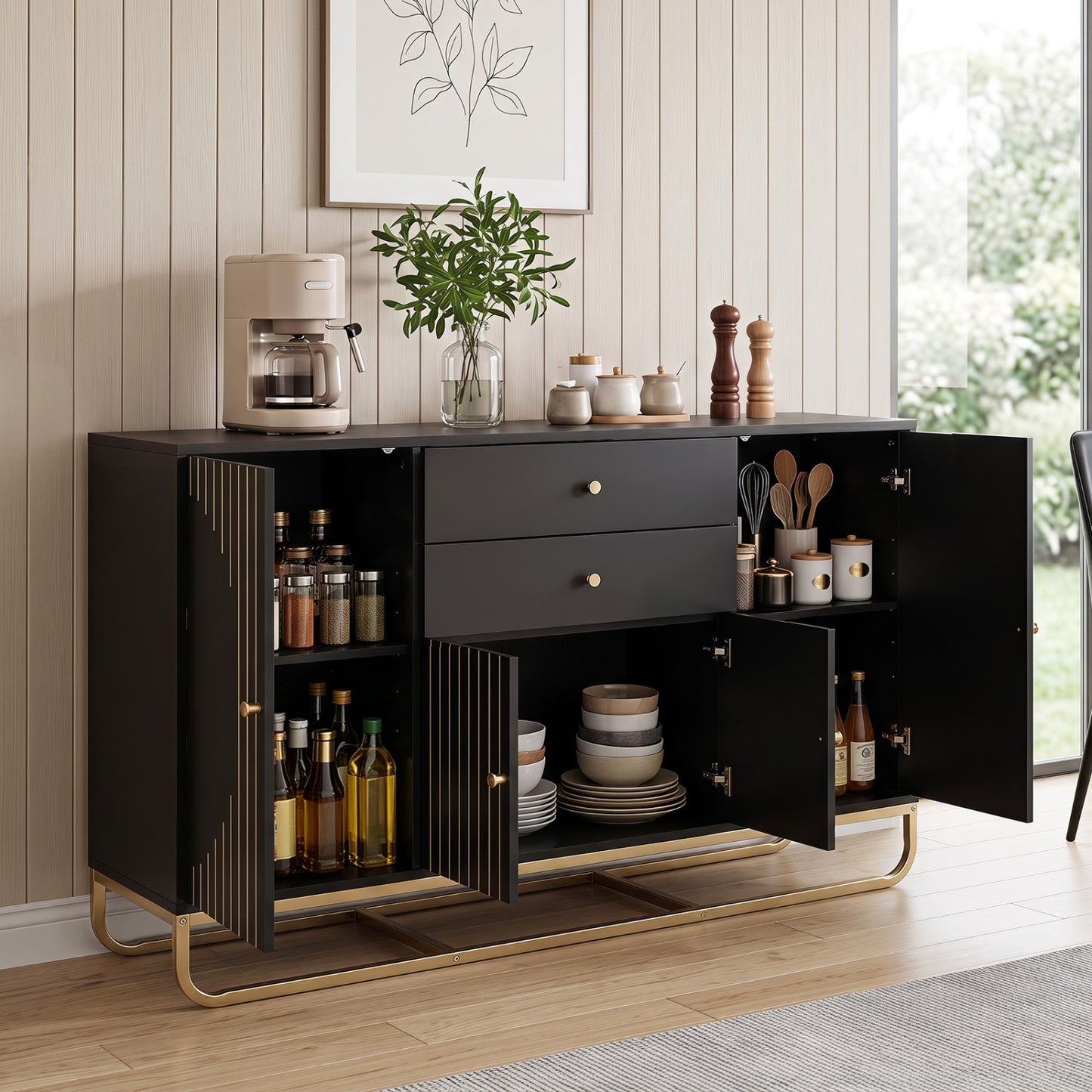 Modern Buffet Sideboard Cabinet with 2 Drawers & Adjustable Shelves
