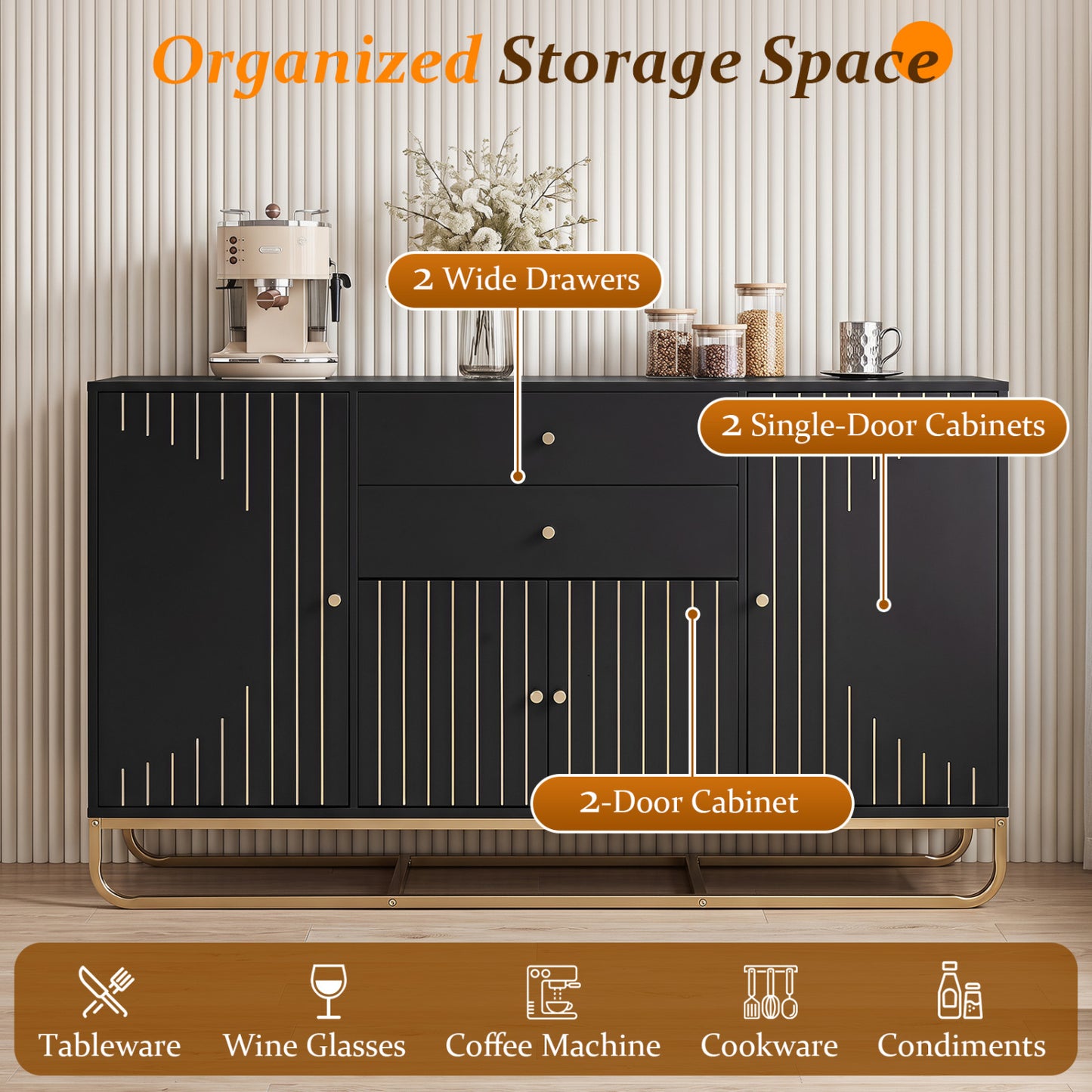 Modern Buffet Sideboard Cabinet with 2 Drawers & Adjustable Shelves