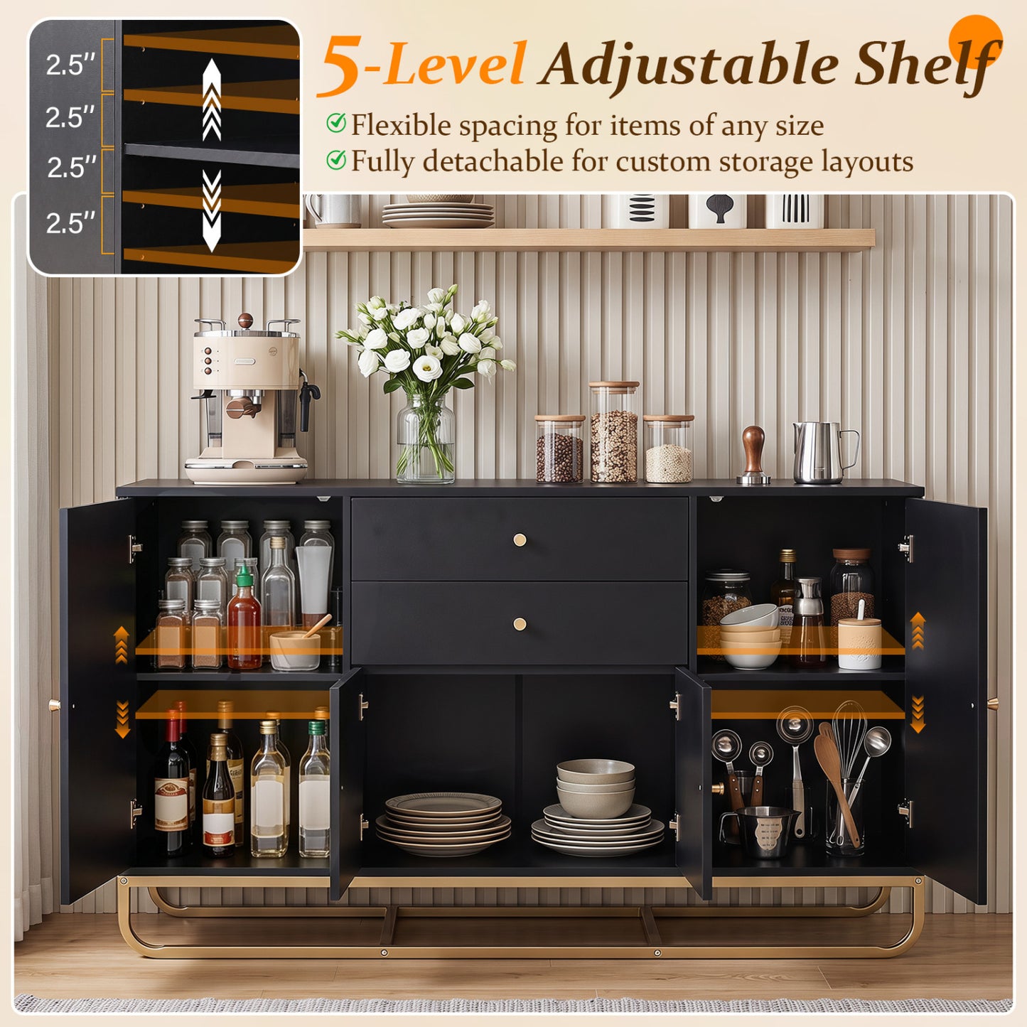 Modern Buffet Sideboard Cabinet with 2 Drawers & Adjustable Shelves