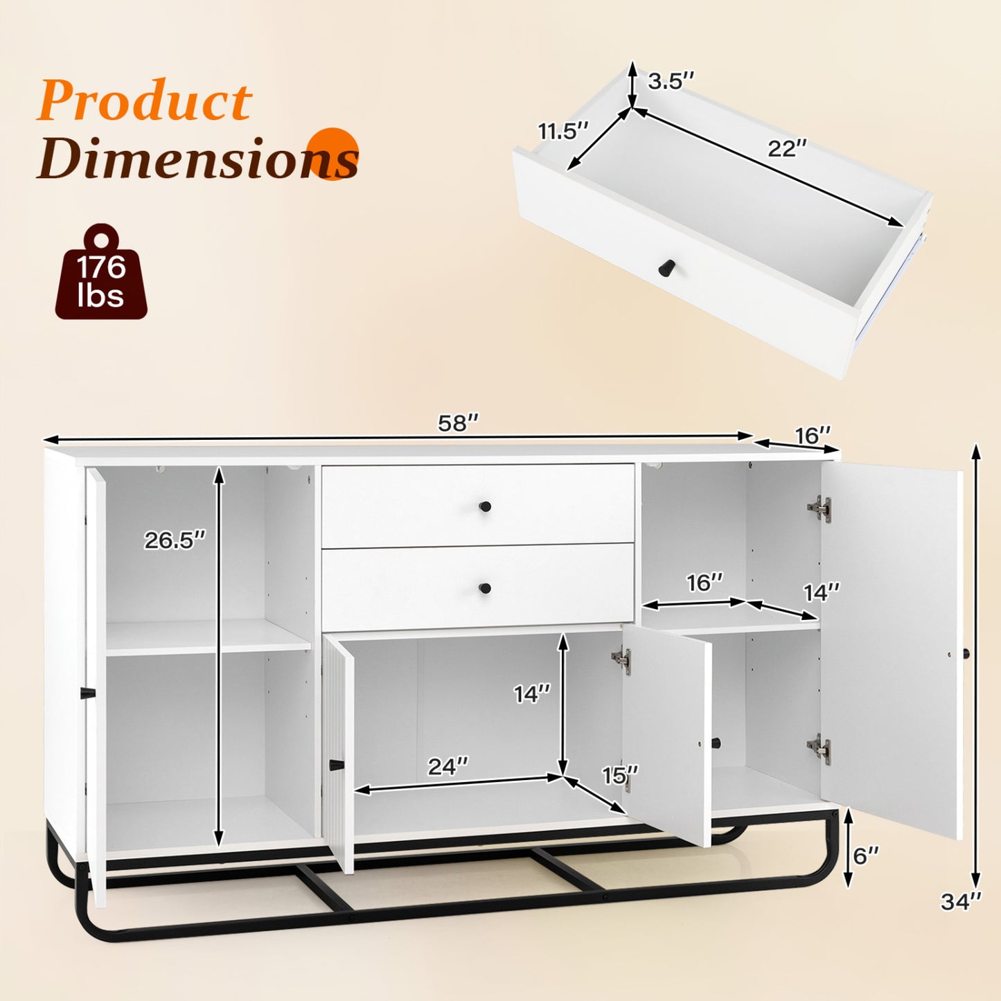 Modern Buffet Sideboard Cabinet with 2 Drawers & Adjustable Shelves