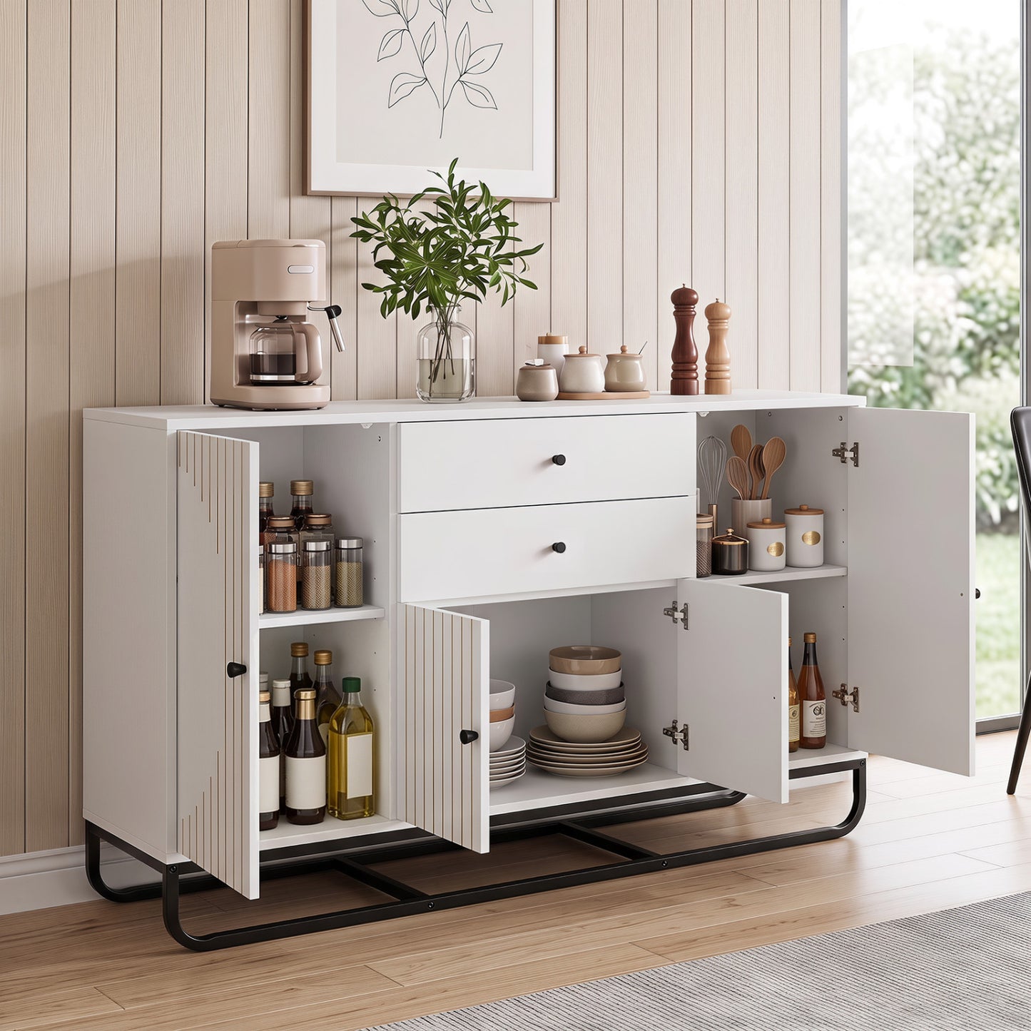 Modern Buffet Sideboard Cabinet with 2 Drawers & Adjustable Shelves