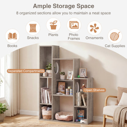 Modern Cat Bookshelf Cat Tree 8-Section Storage Cabinet with 2 Round Holes
