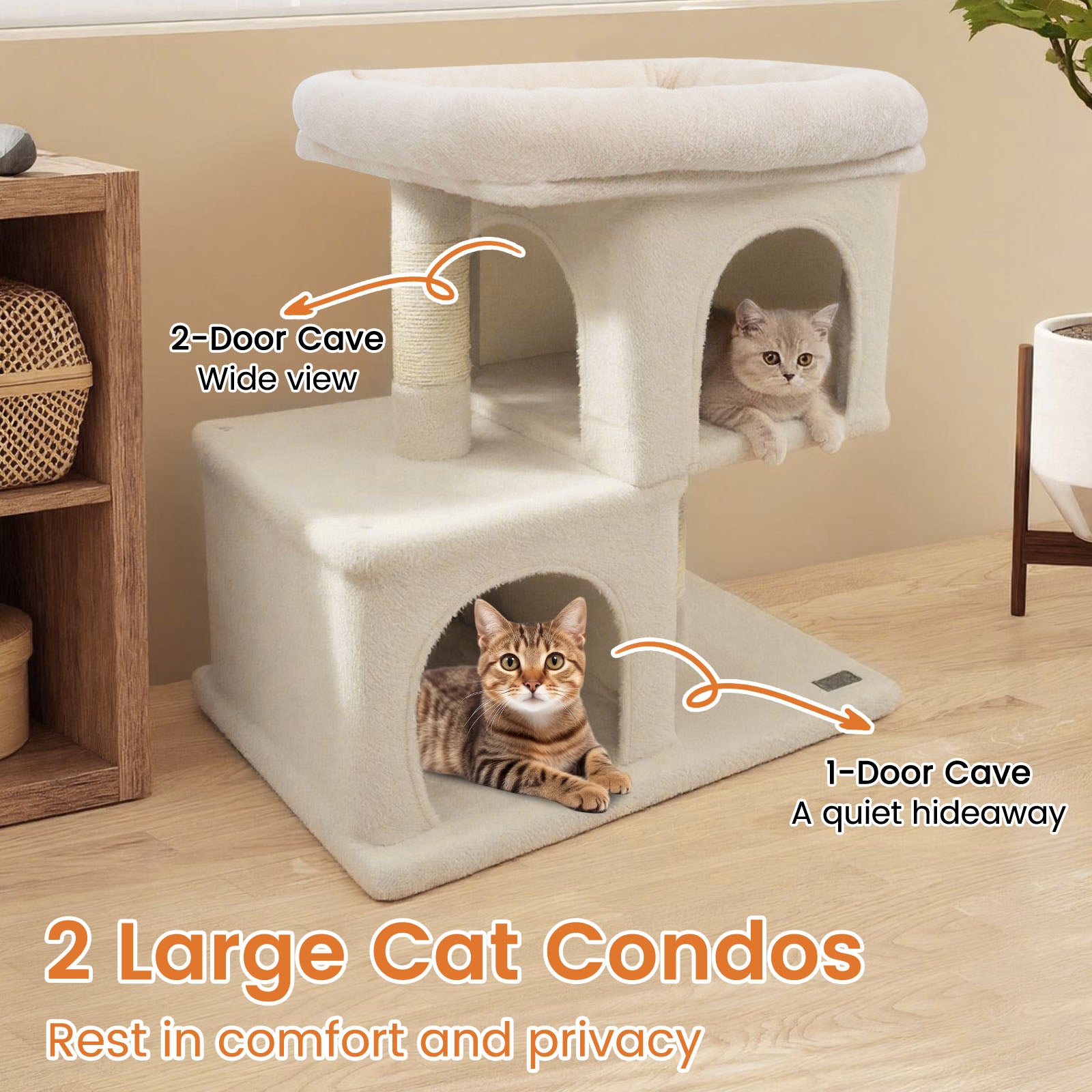 Modern Cat Tree Space-saving Cat Tower with Upholstered Perch and 2 Cat Condos-Beige
