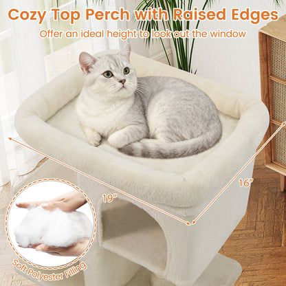 Modern Cat Tree Space-saving Cat Tower with Upholstered Perch and 2 Cat Condos-Beige