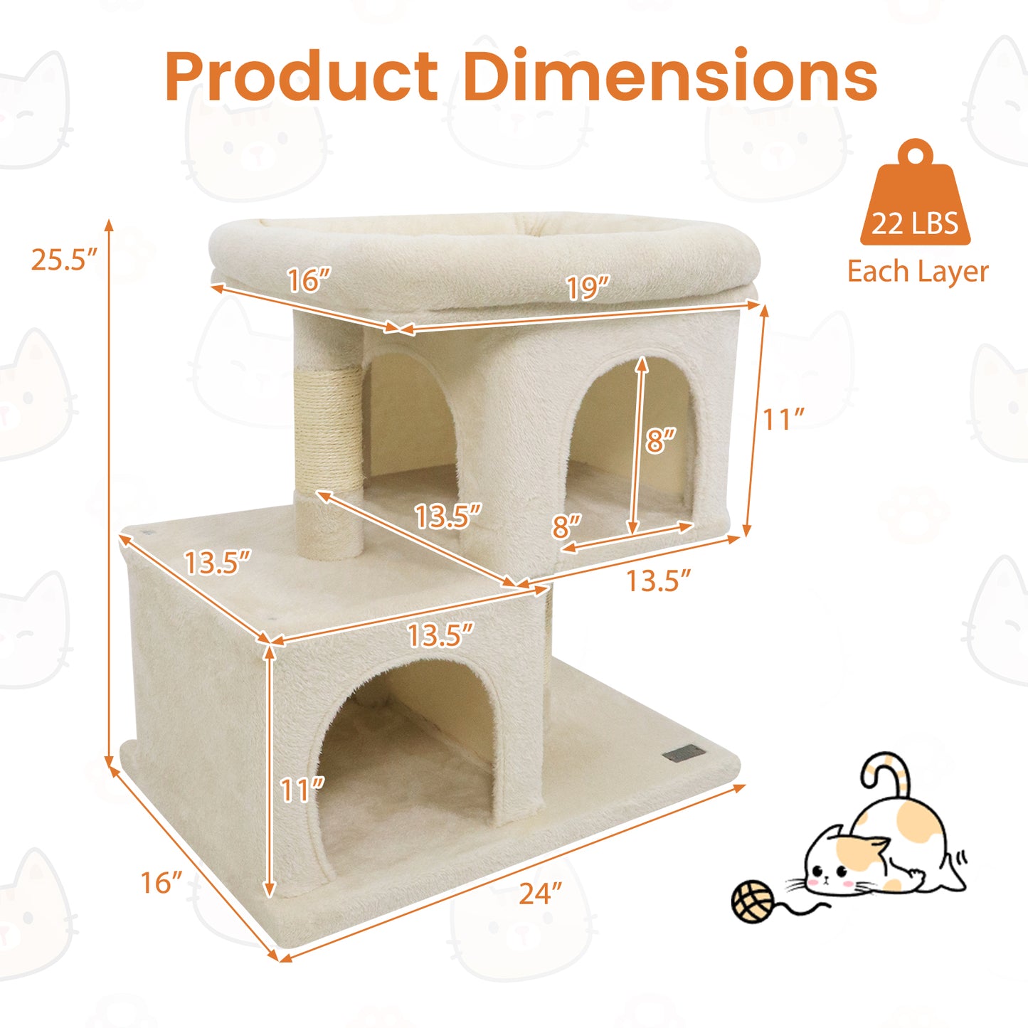 Modern Cat Tree Space-saving Cat Tower with Upholstered Perch and 2 Cat Condos-Beige
