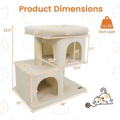 Modern Cat Tree Space-saving Cat Tower with Upholstered Perch and 2 Cat Condos-Beige