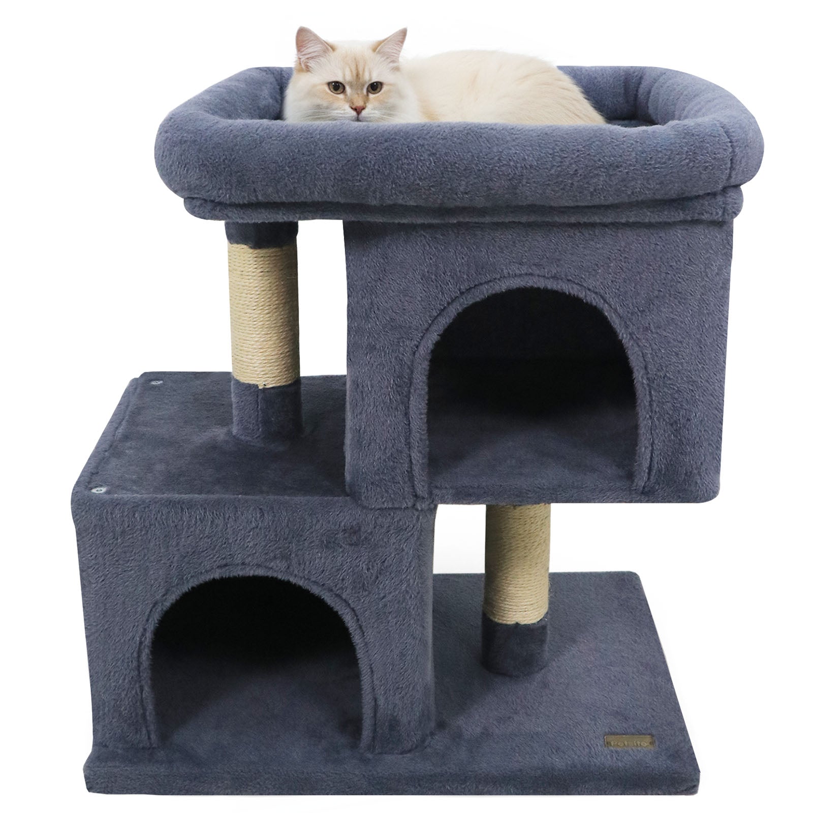 Modern Cat Tree Space-saving Cat Tower with Upholstered Perch and 2 Cat Condos-Dark Grey