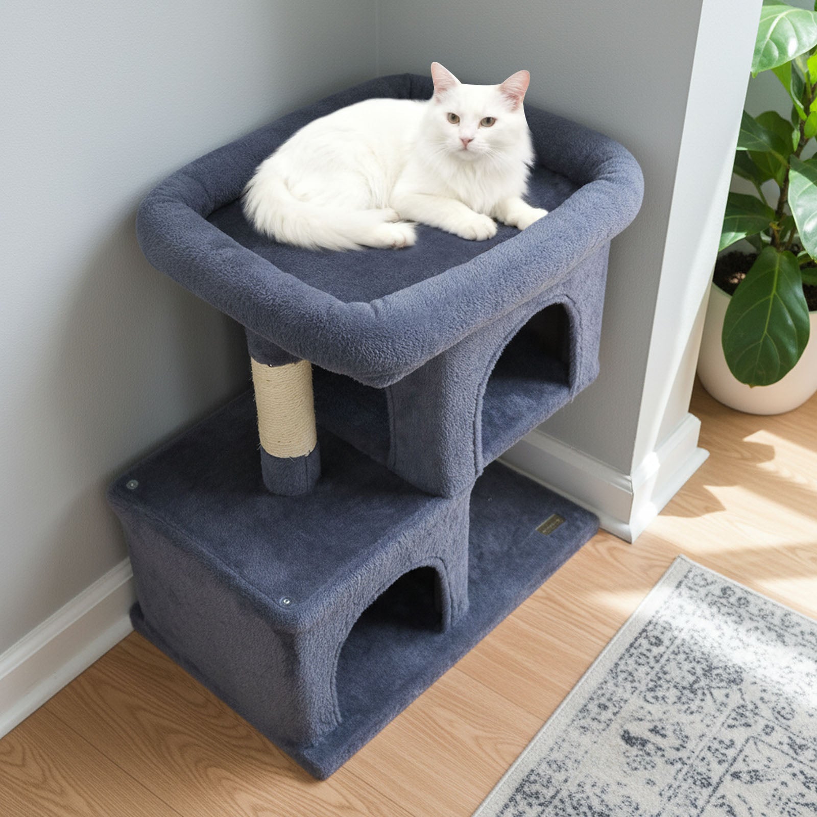 Modern Cat Tree Space-saving Cat Tower with Upholstered Perch and 2 Cat Condos-Dark Grey