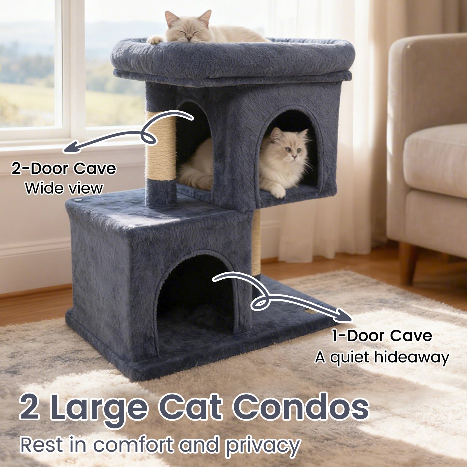 Modern Cat Tree Space-saving Cat Tower with Upholstered Perch and 2 Cat Condos-Dark Grey