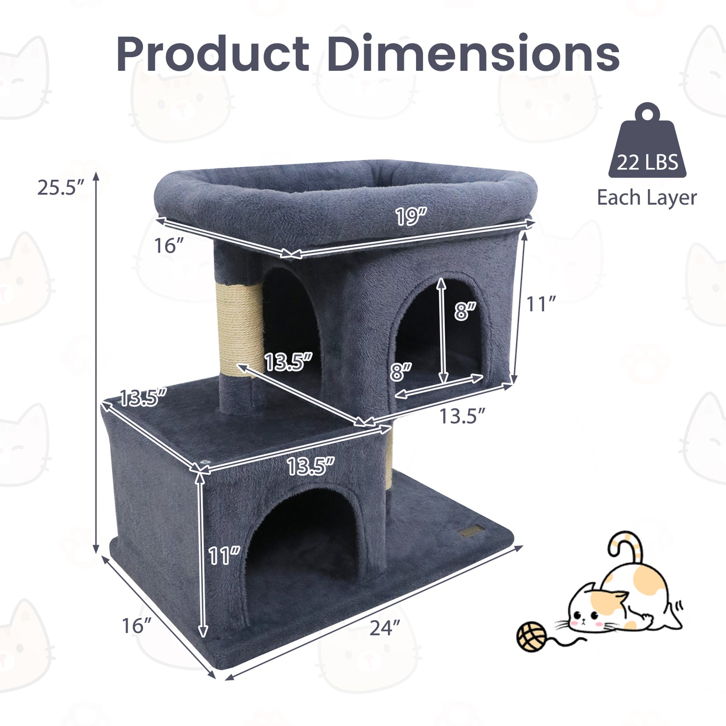 Modern Cat Tree Space-saving Cat Tower with Upholstered Perch and 2 Cat Condos-Dark Grey