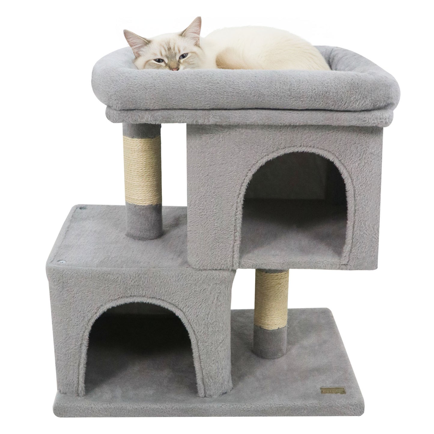 Modern Cat Tree Space-saving Cat Tower with Upholstered Perch and 2 Cat Condos-Gray
