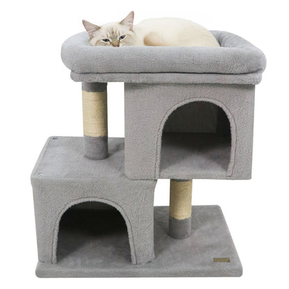 Modern Cat Tree Space-saving Cat Tower with Upholstered Perch and 2 Cat Condos-Gray