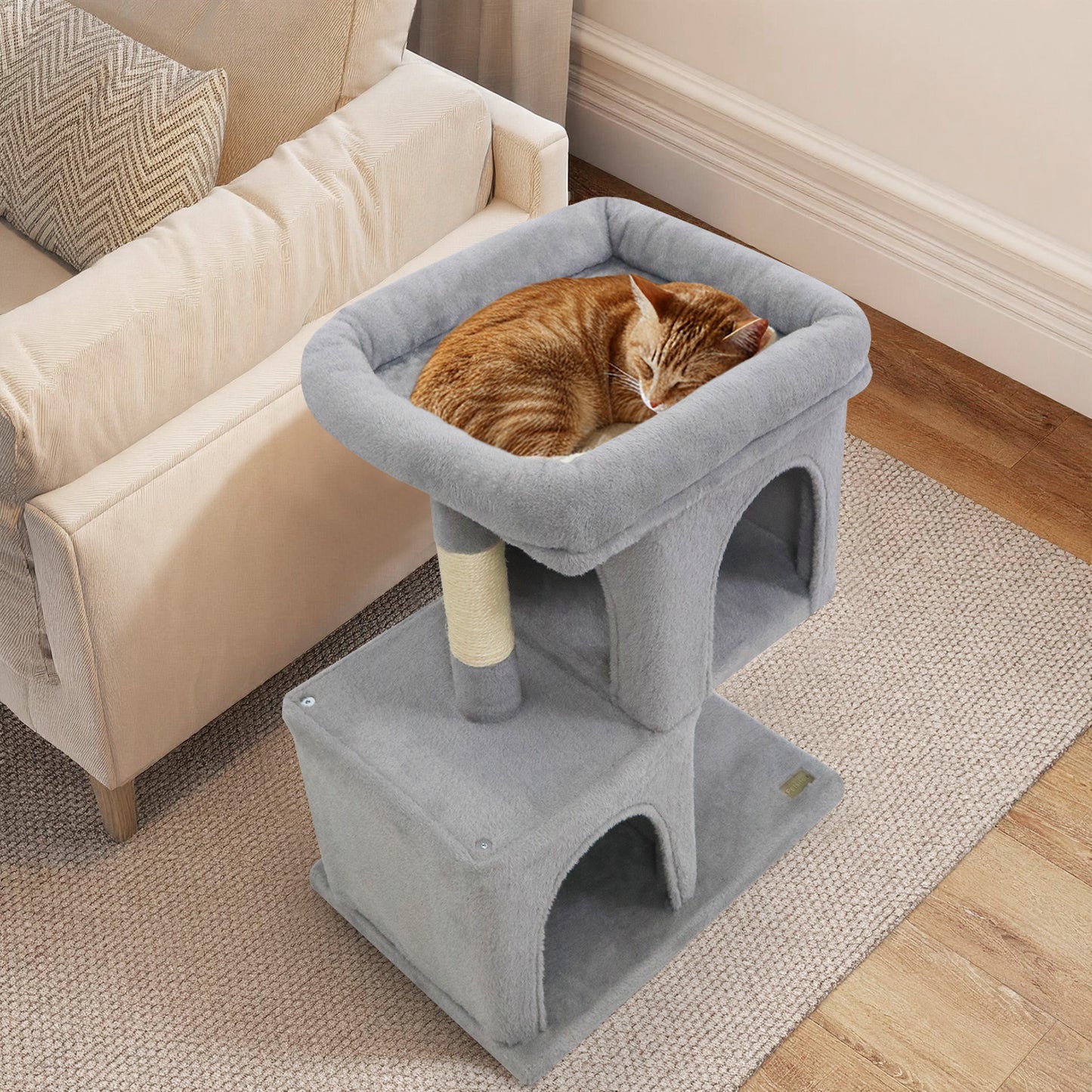 Modern Cat Tree Space-saving Cat Tower with Upholstered Perch and 2 Cat Condos-Gray
