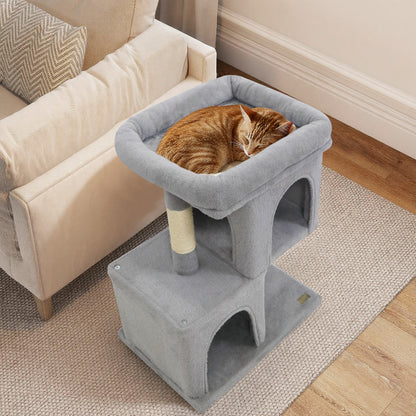 Modern Cat Tree Space-saving Cat Tower with Upholstered Perch and 2 Cat Condos-Gray