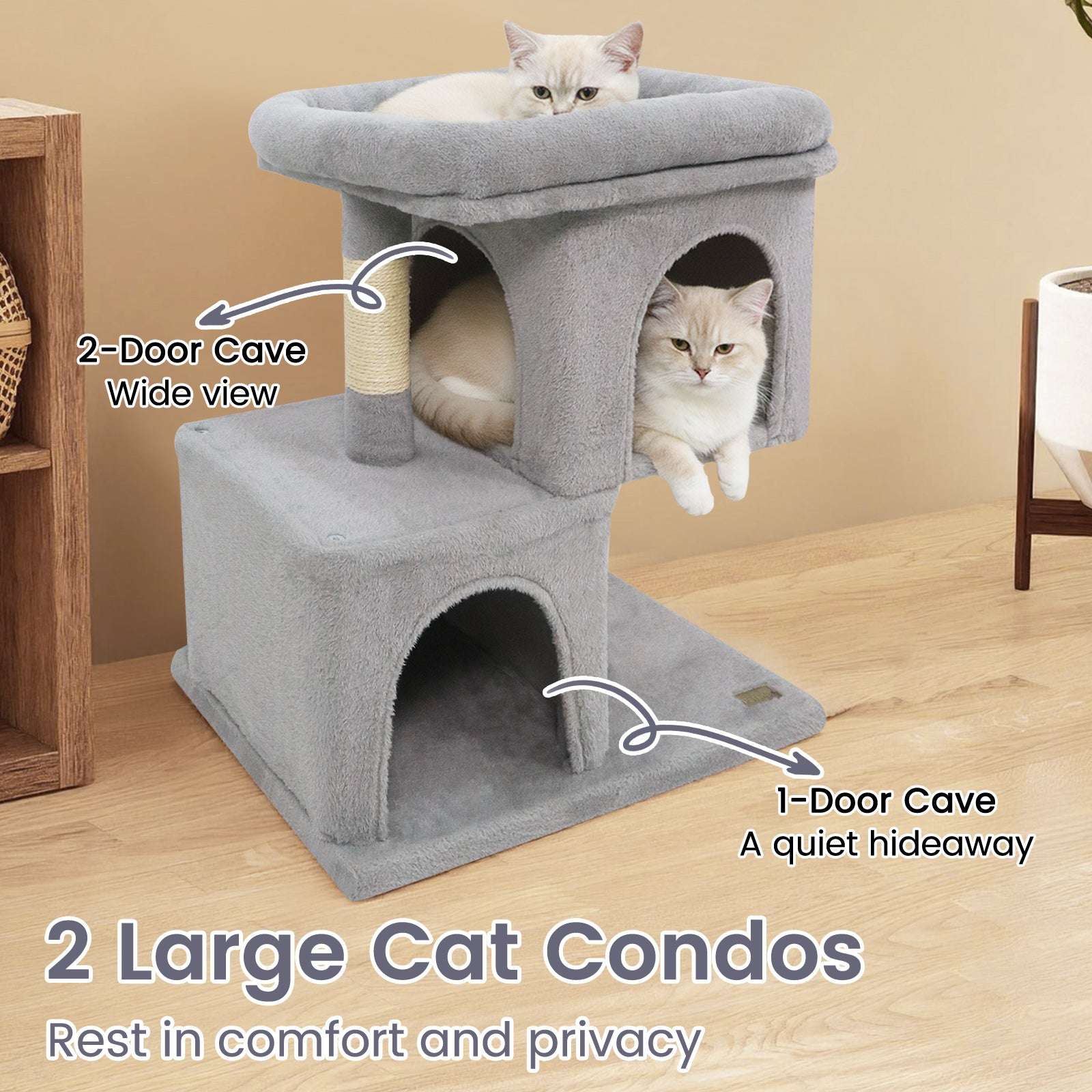 Modern Cat Tree Space-saving Cat Tower with Upholstered Perch and 2 Cat Condos-Gray