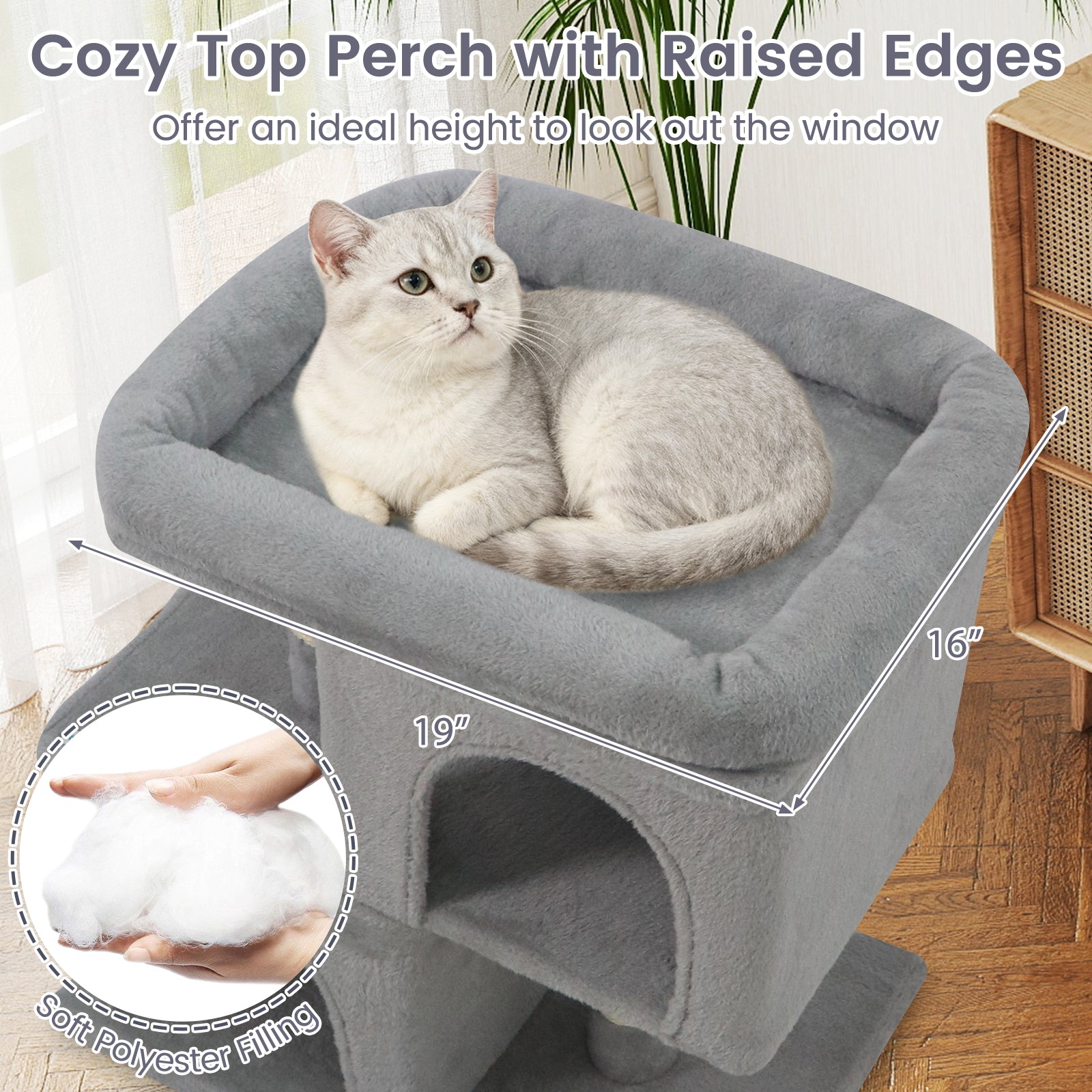 Modern Cat Tree Space-saving Cat Tower with Upholstered Perch and 2 Cat Condos-Gray