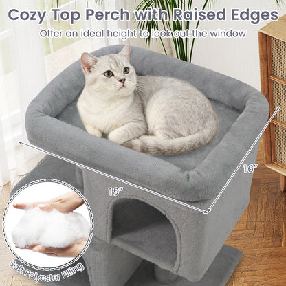 Modern Cat Tree Space-saving Cat Tower with Upholstered Perch and 2 Cat Condos-Gray