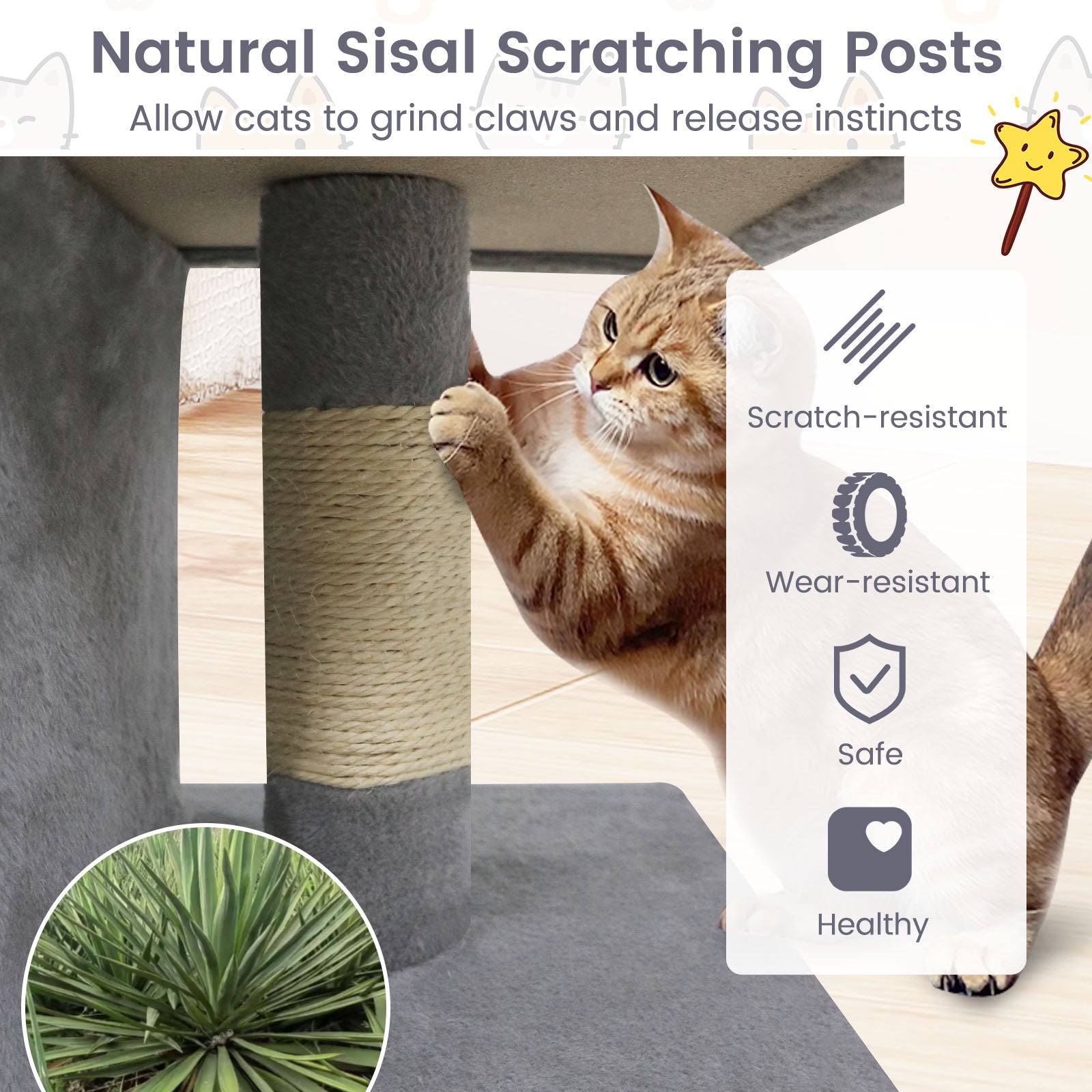Modern Cat Tree Space-saving Cat Tower with Upholstered Perch and 2 Cat Condos-Gray