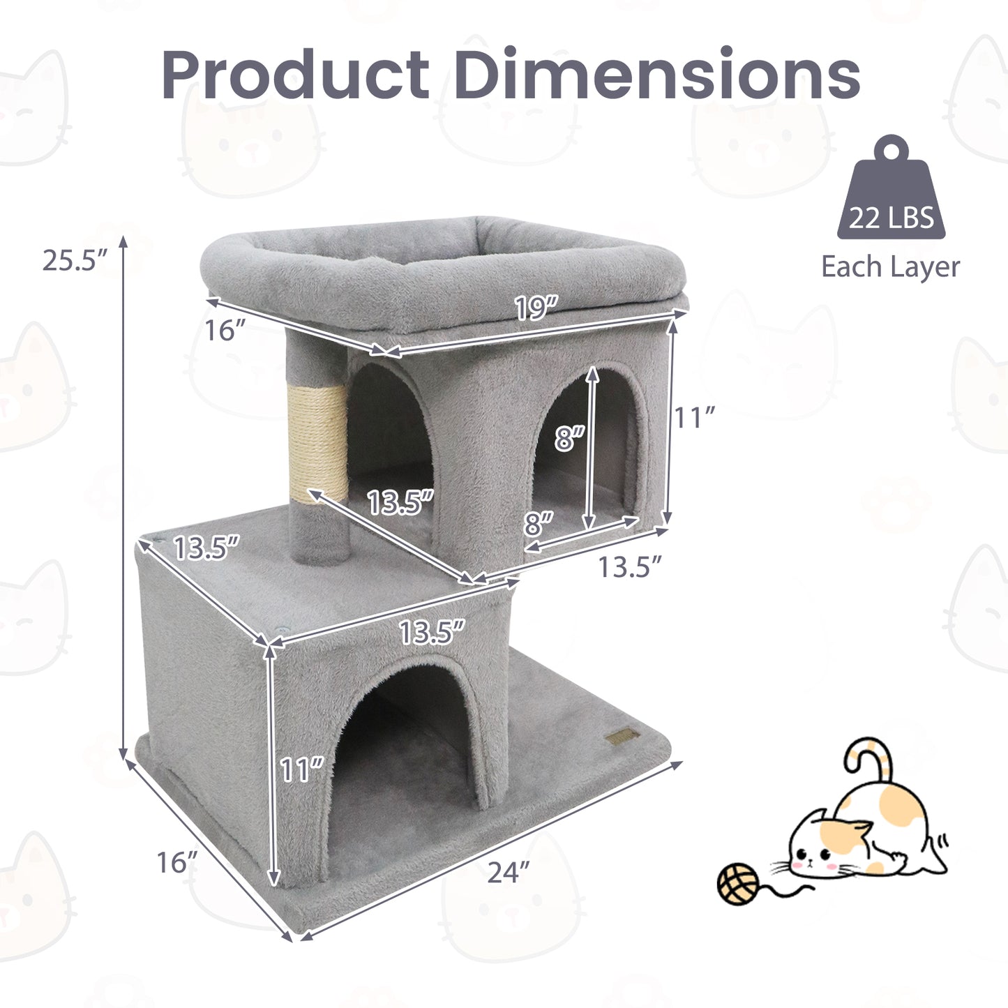 Modern Cat Tree Space-saving Cat Tower with Upholstered Perch and 2 Cat Condos-Gray