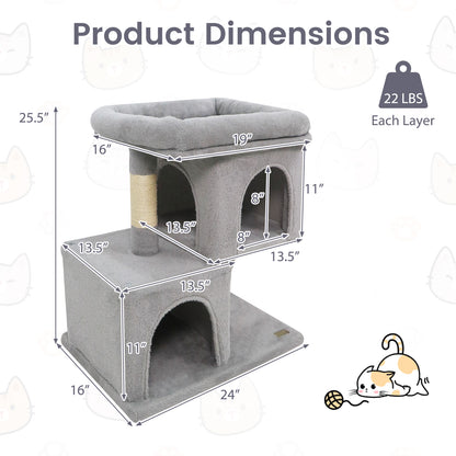 Modern Cat Tree Space-saving Cat Tower with Upholstered Perch and 2 Cat Condos-Gray