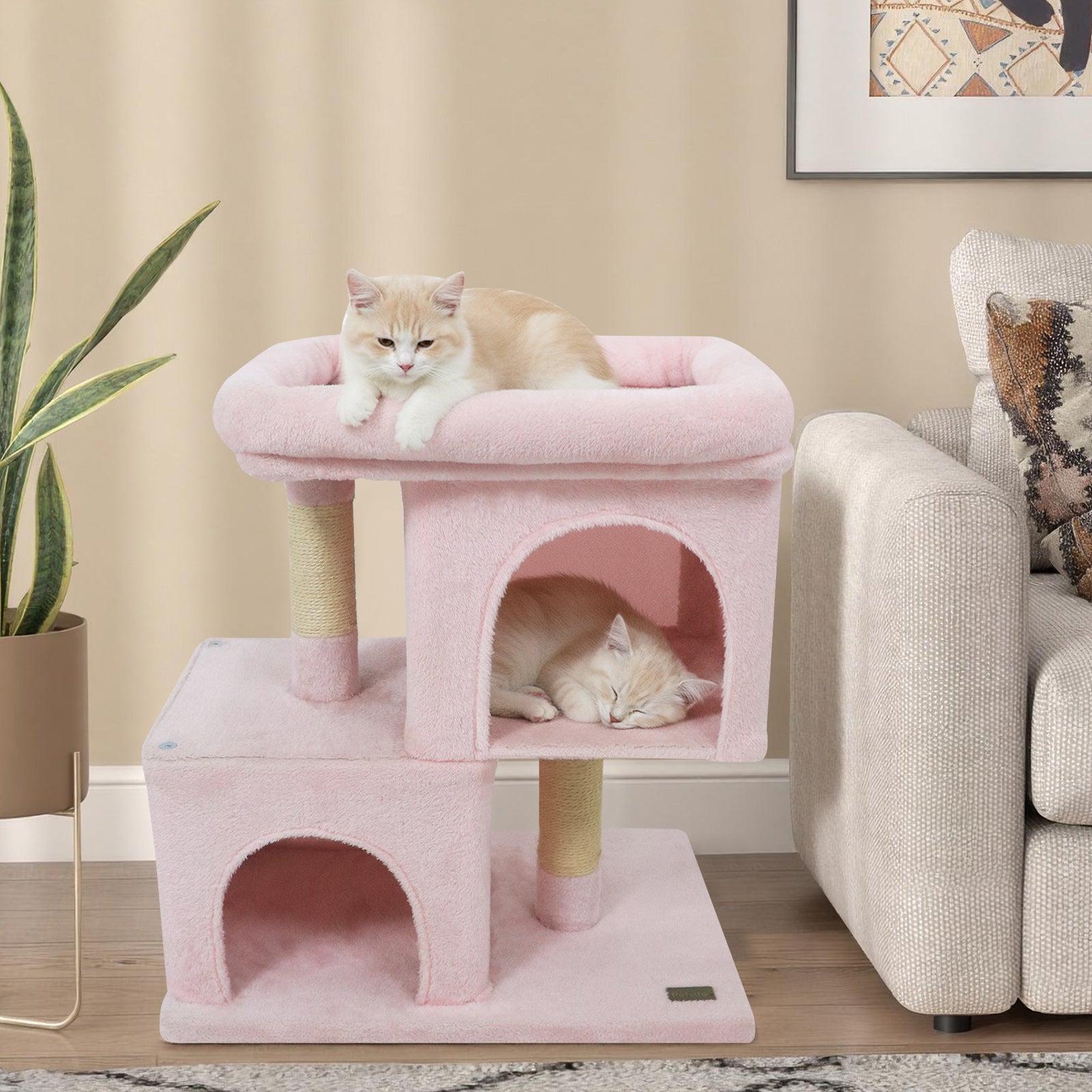 Modern Cat Tree Space-saving Cat Tower with Upholstered Perch and 2 Cat Condos-Pink