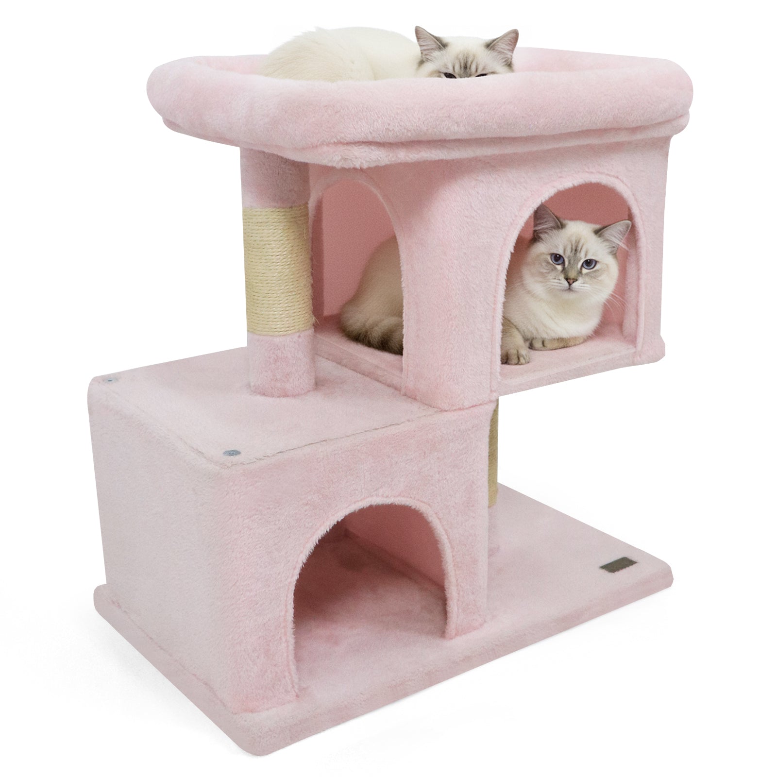 Modern Cat Tree Space-saving Cat Tower with Upholstered Perch and 2 Cat Condos-Pink