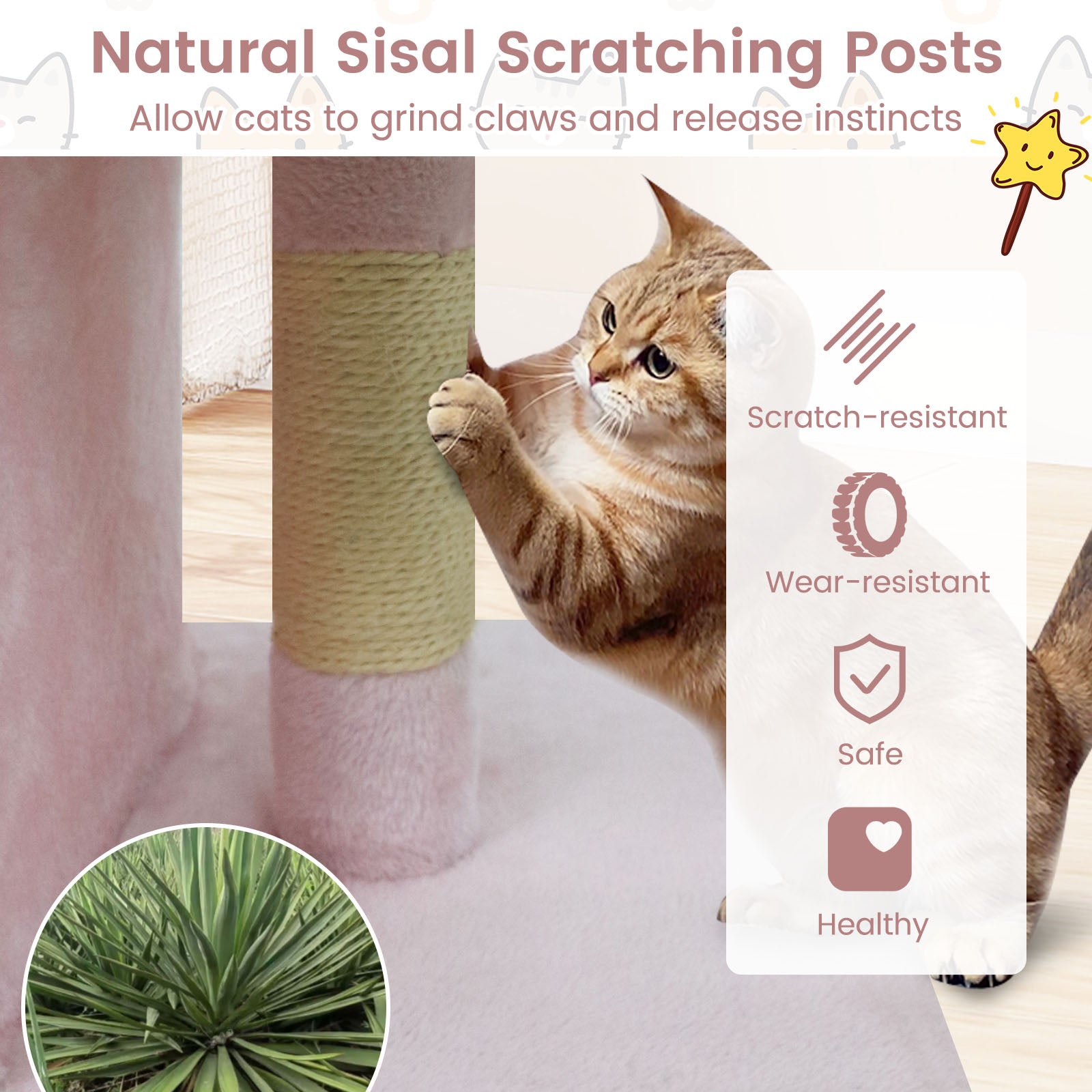 Modern Cat Tree Space-saving Cat Tower with Upholstered Perch and 2 Cat Condos-Pink