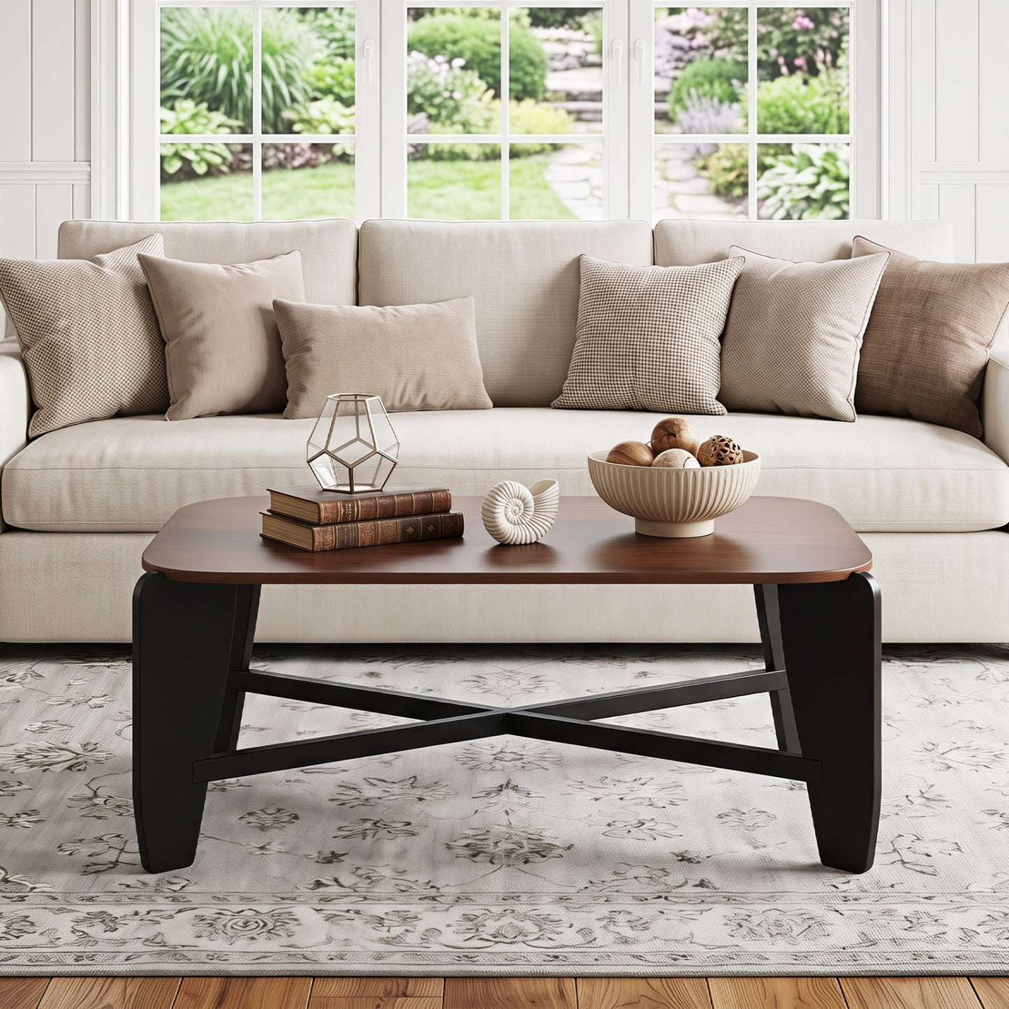 Rectangular Coffee Table with Rubber Wood Cross-Leg Base