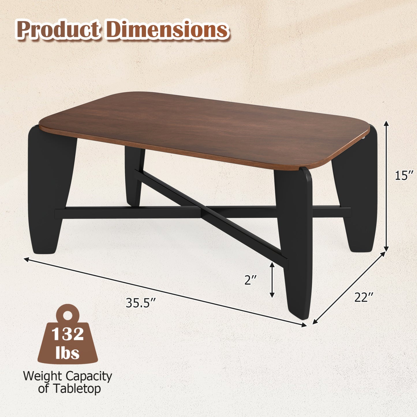 Rectangular Coffee Table with Rubber Wood Cross-Leg Base