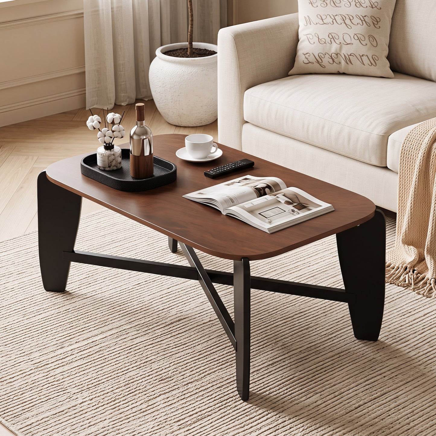 Rectangular Coffee Table with Rubber Wood Cross-Leg Base