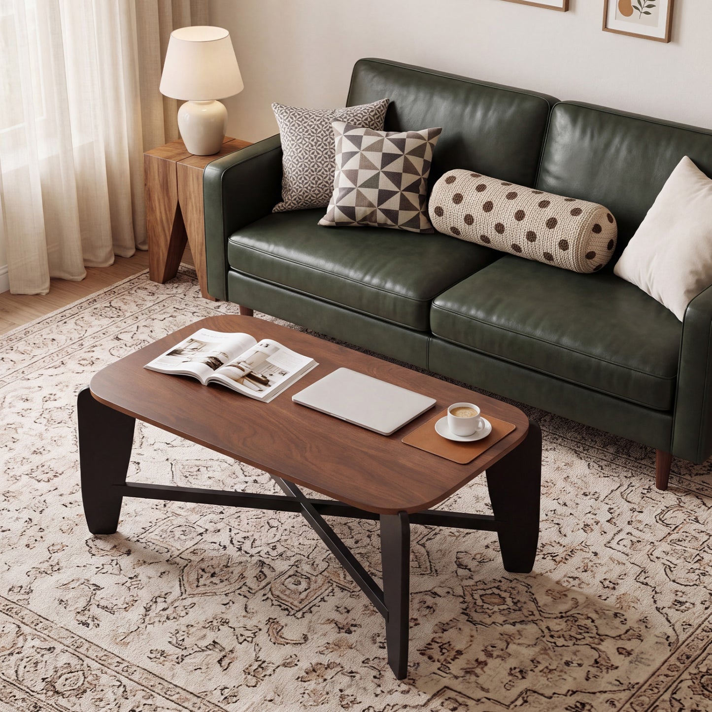 Rectangular Coffee Table with Rubber Wood Cross-Leg Base