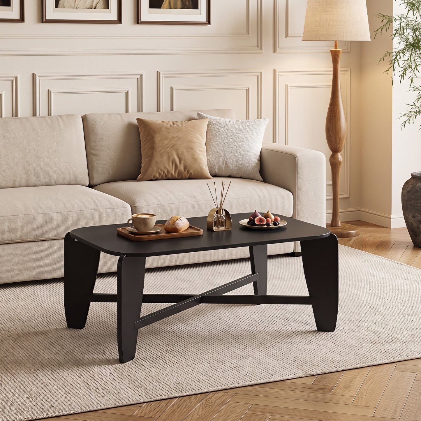 Rectangular Coffee Table with Rubber Wood Cross-Leg Base