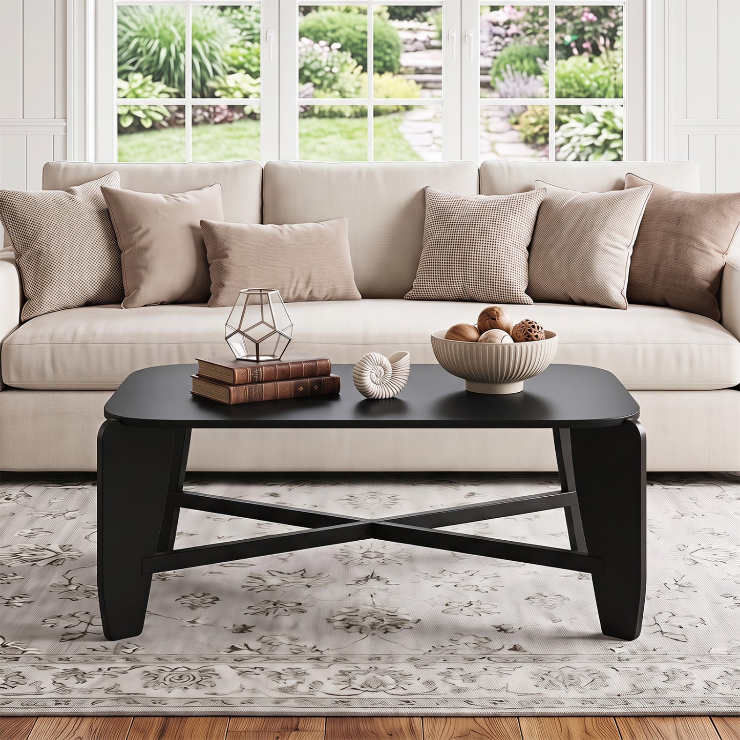 Rectangular Coffee Table with Rubber Wood Cross-Leg Base