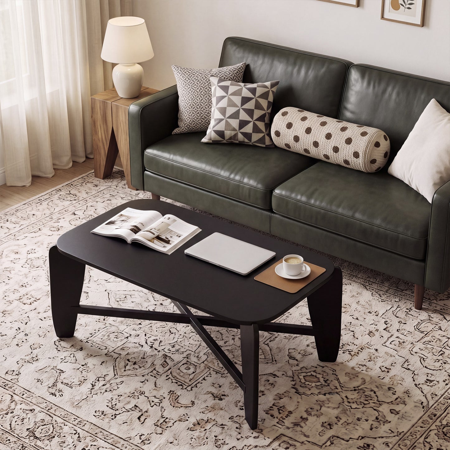 Rectangular Coffee Table with Rubber Wood Cross-Leg Base