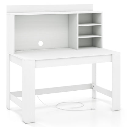 Modern Computer Desk with Hutch and Storage Shelves-Oak - White
