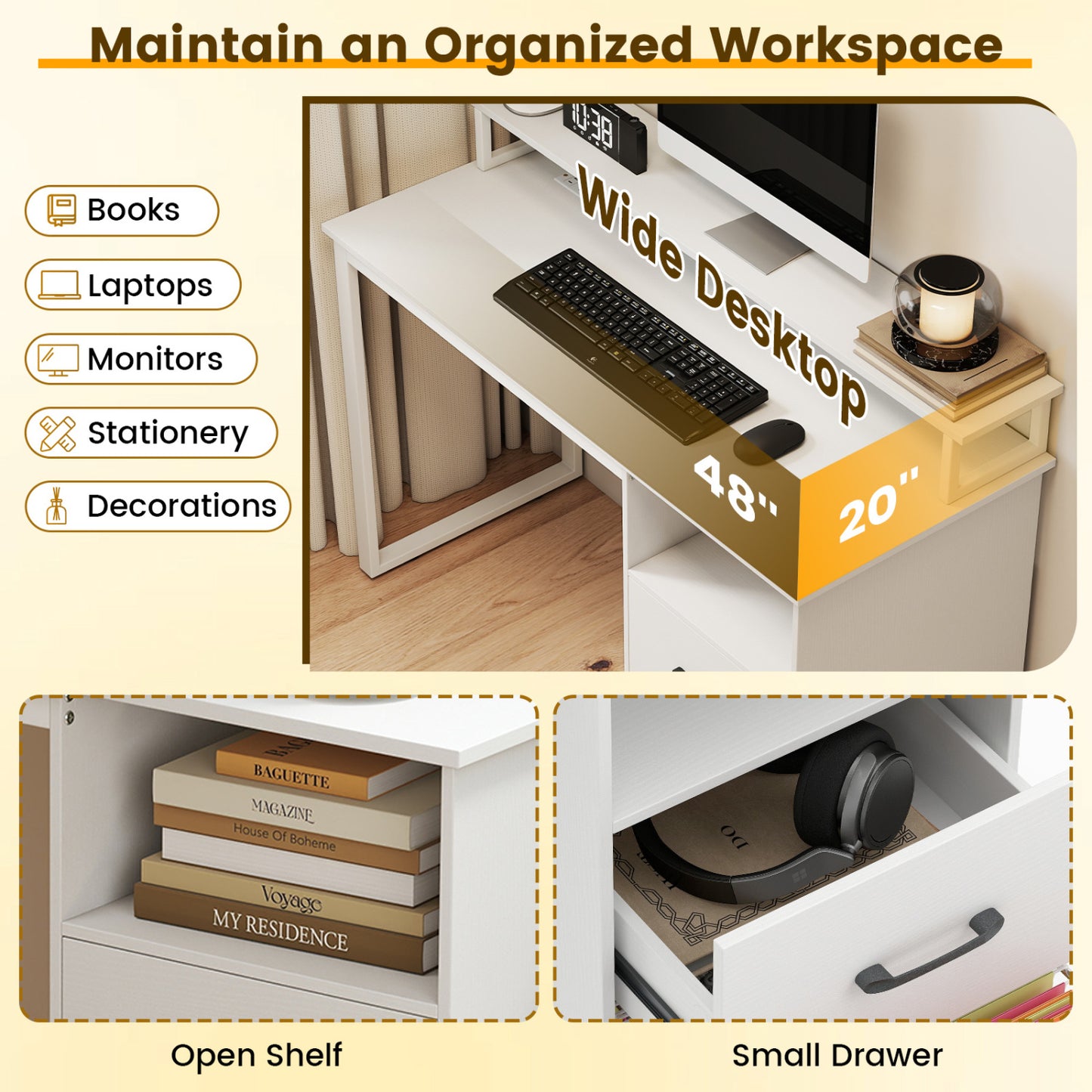 Modern Computer Desk with Power Outlets and File Drawer