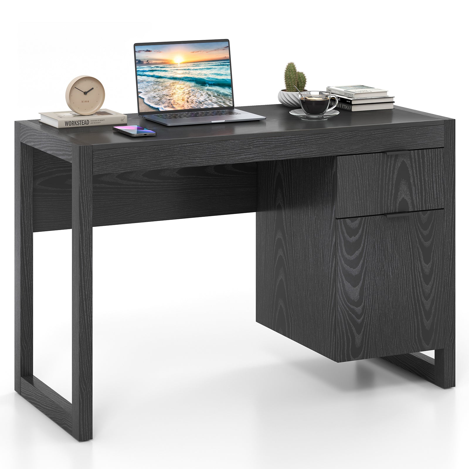 Modern Computer Desk Study Table Writing Workstation with Cabinet and Drawer-White - Black