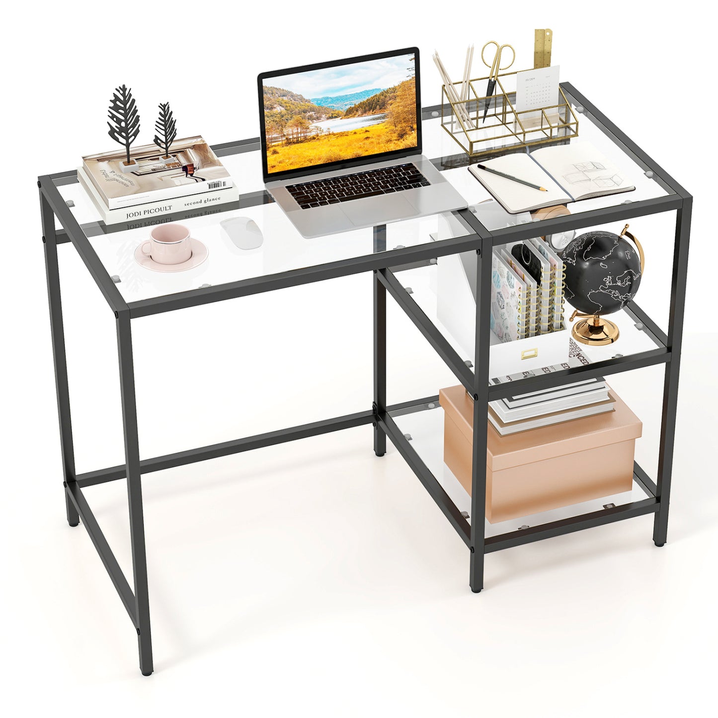 Modern Console Table with 2 Open Shelves and Metal Frame-Golden - Black
