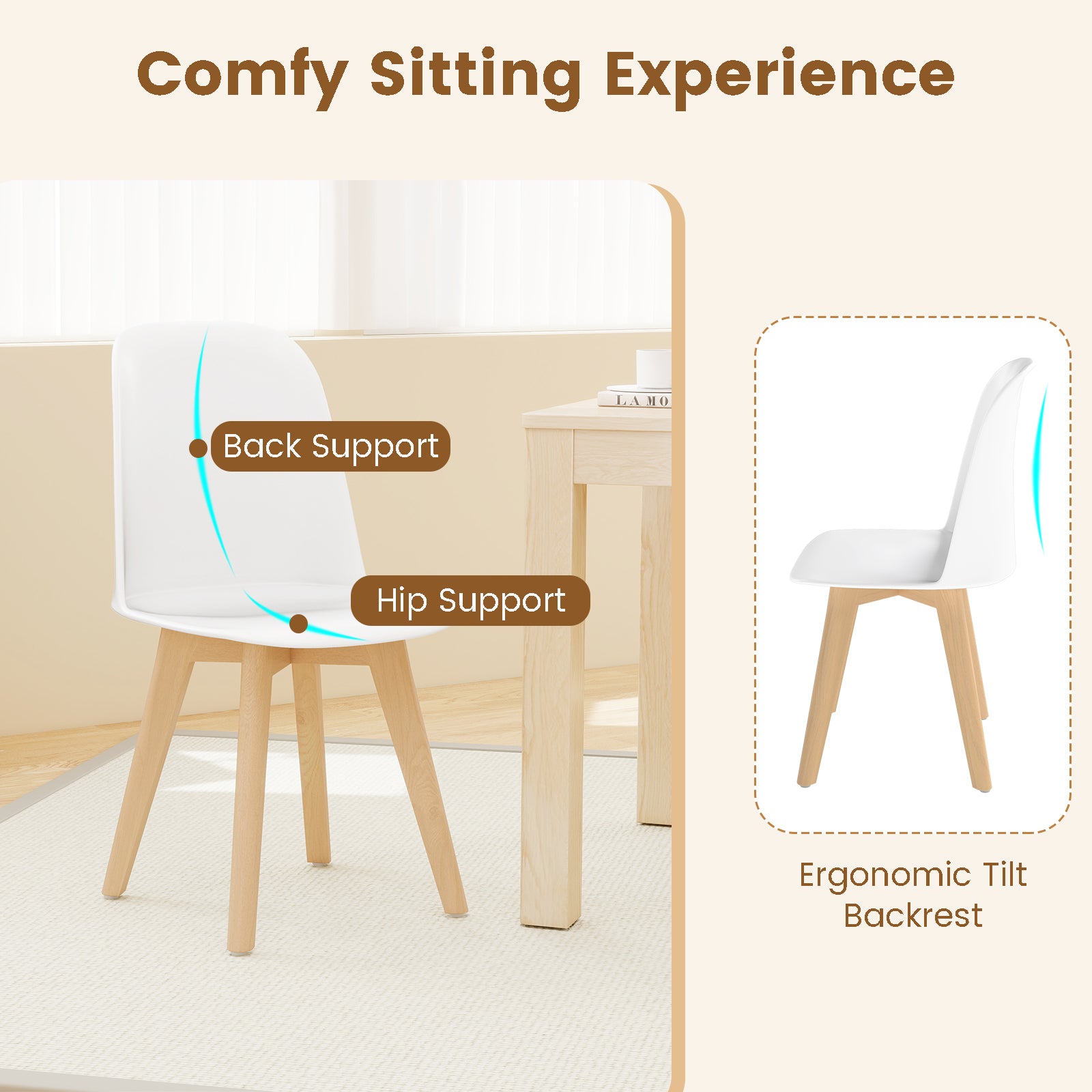 Modern Dining Chair Set of 2 with Solid Beech Wood Legs and Tilt Backrest-White