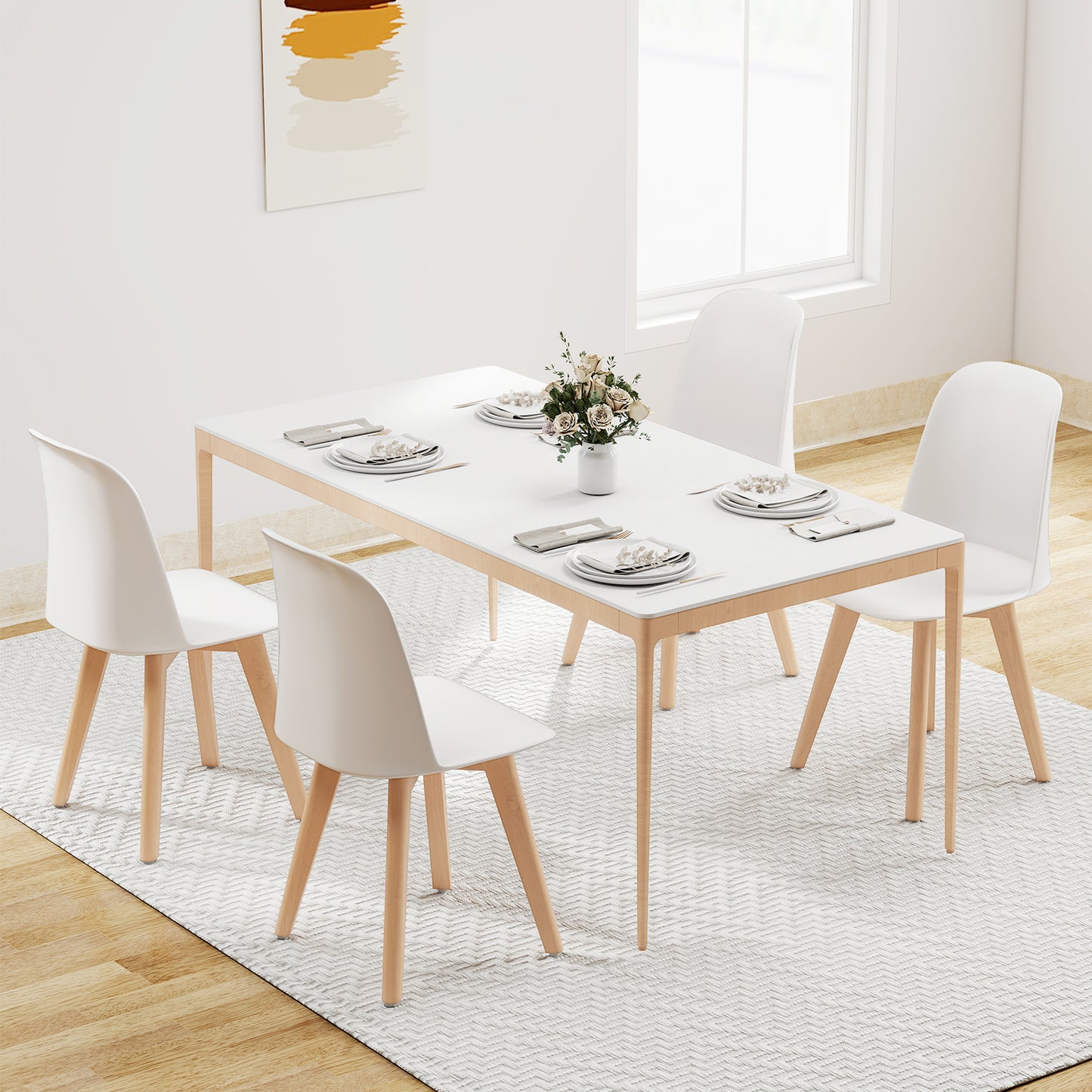 Modern Dining Chair Set of 2 with Solid Beech Wood Legs and Tilt Backrest-White